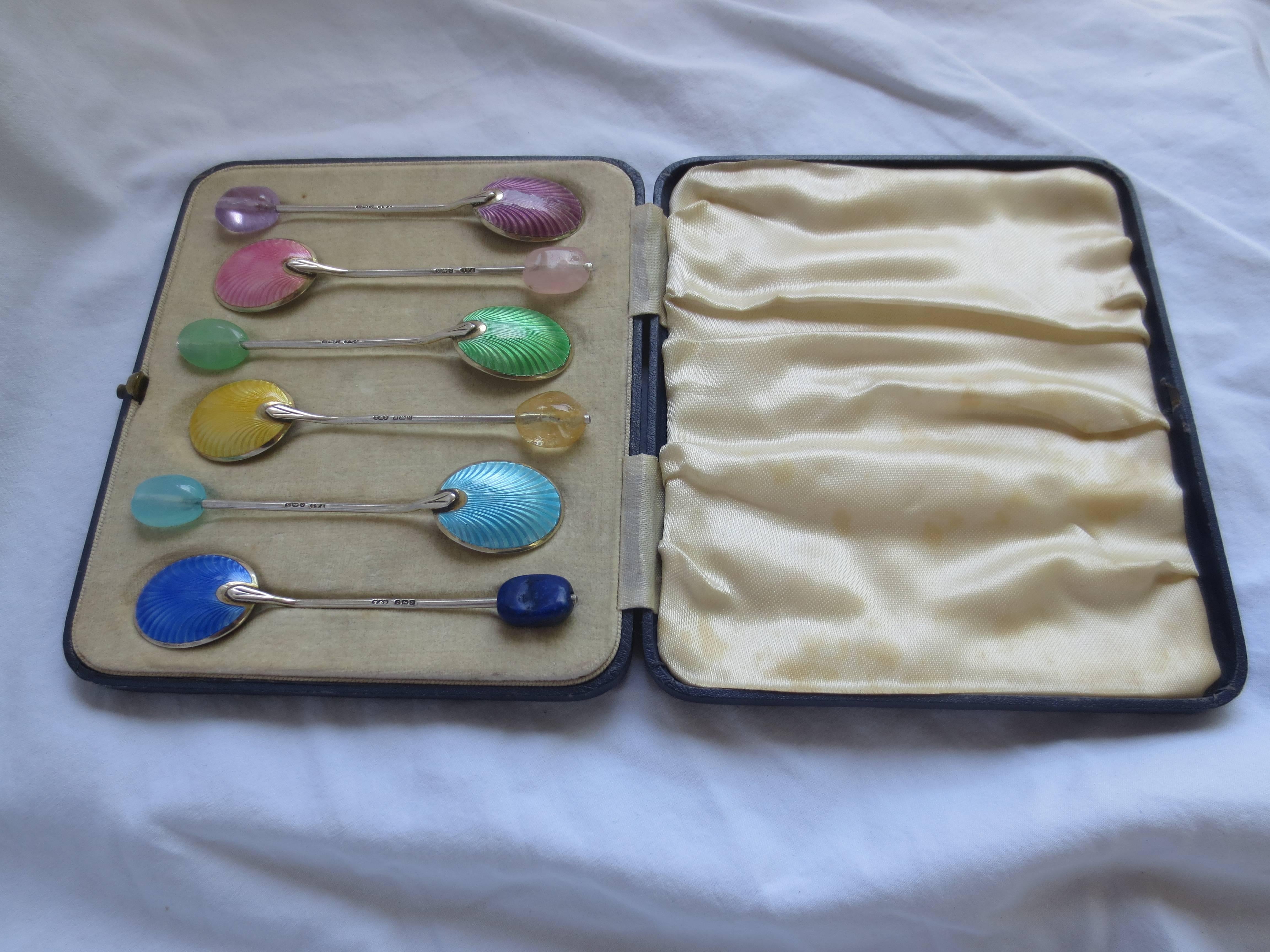Arts and Crafts One-of-a-kind Enameled Silver Spoons Refurbished with Semi precious stone beads.