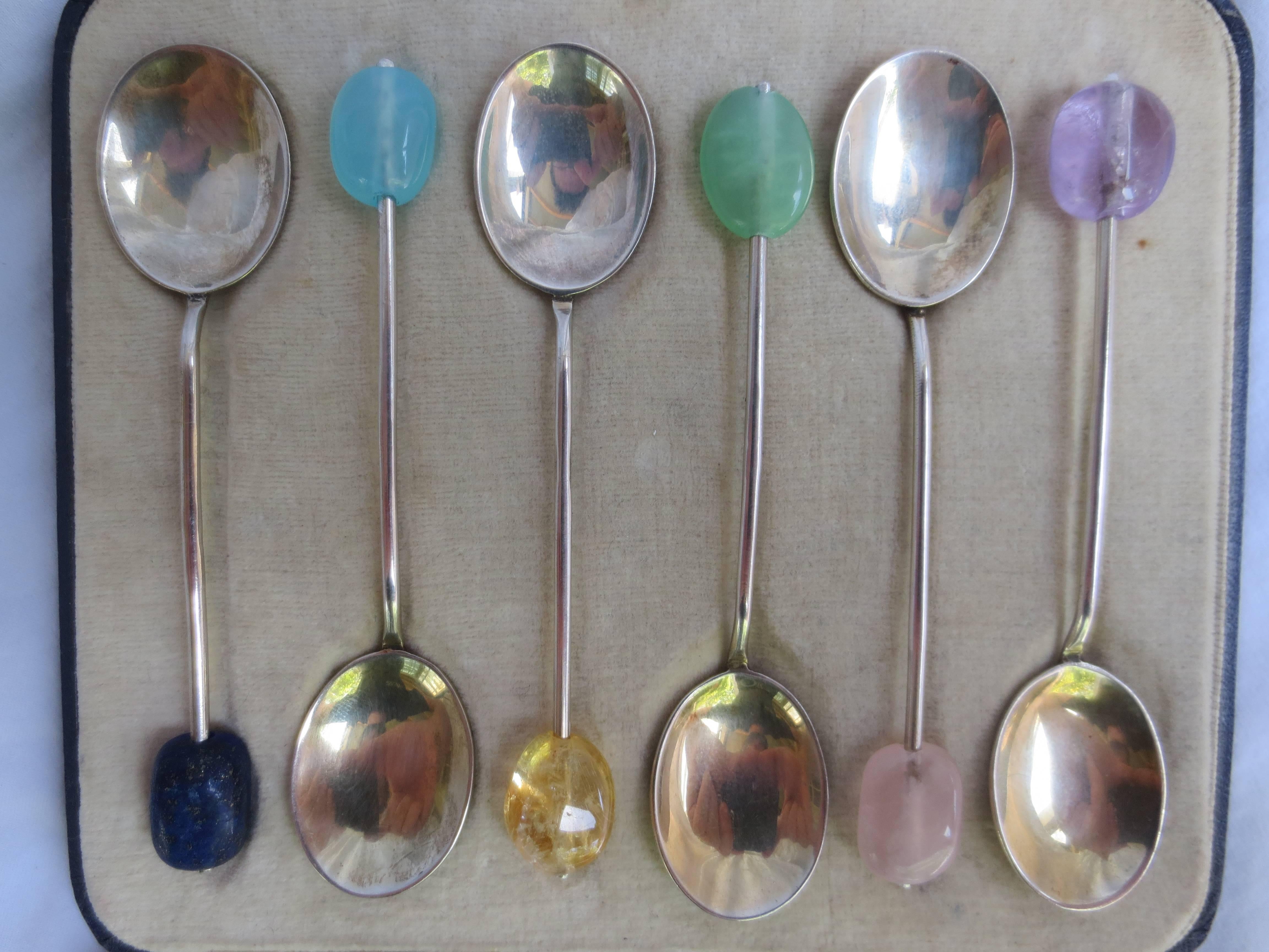 One-of-a-kind Enameled Silver Spoons Refurbished with Semi precious stone beads. In Excellent Condition In Los Angeles, CA