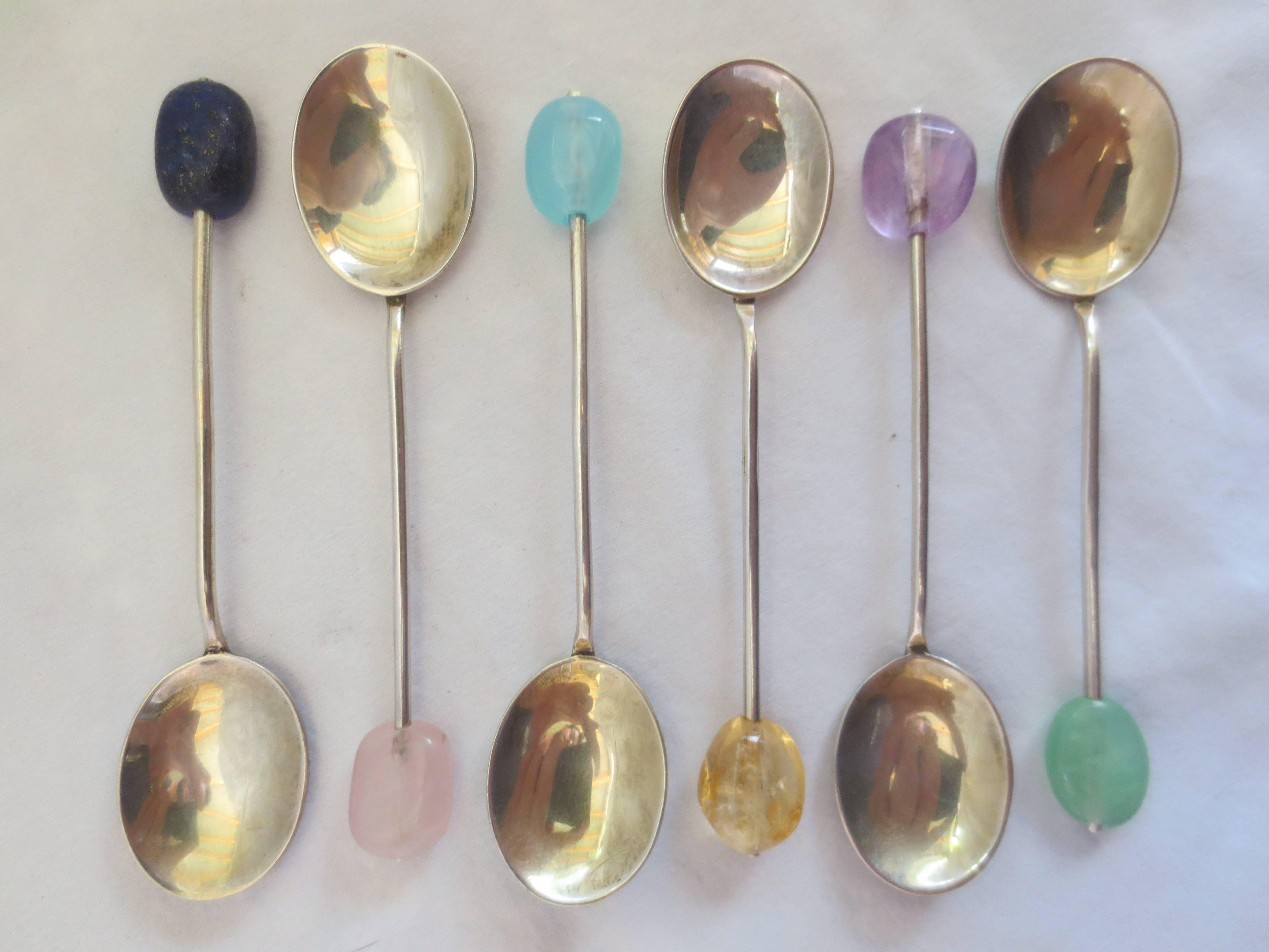 One-of-a-kind Enameled Silver Spoons Refurbished with Semi precious stone beads. 2