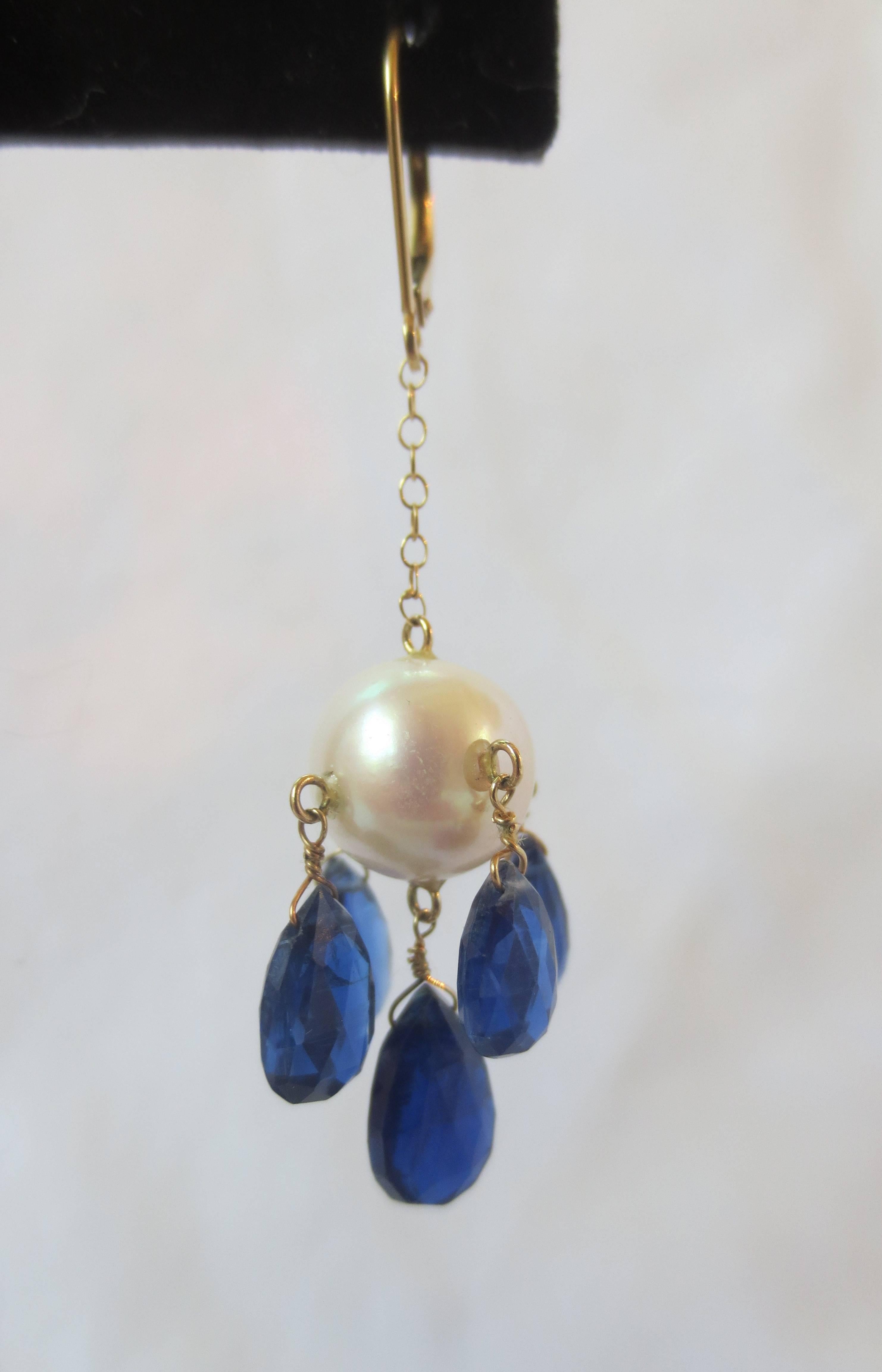 Artist Marina j Pearl and Kyanite Briolettes Dangle Earrings on a 14K Yellow Gold Chain