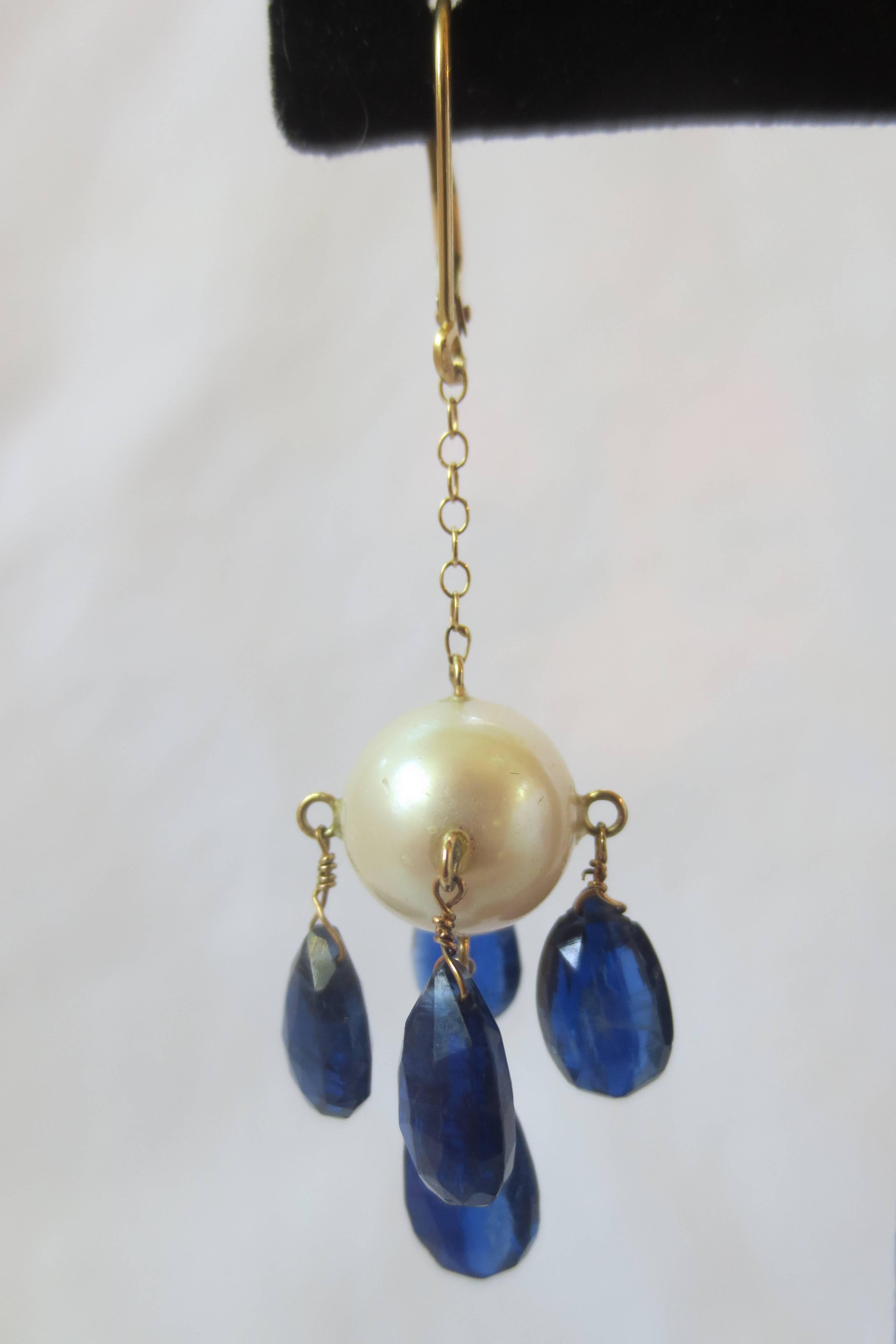Briolette Cut Marina j Pearl and Kyanite Briolettes Dangle Earrings on a 14K Yellow Gold Chain