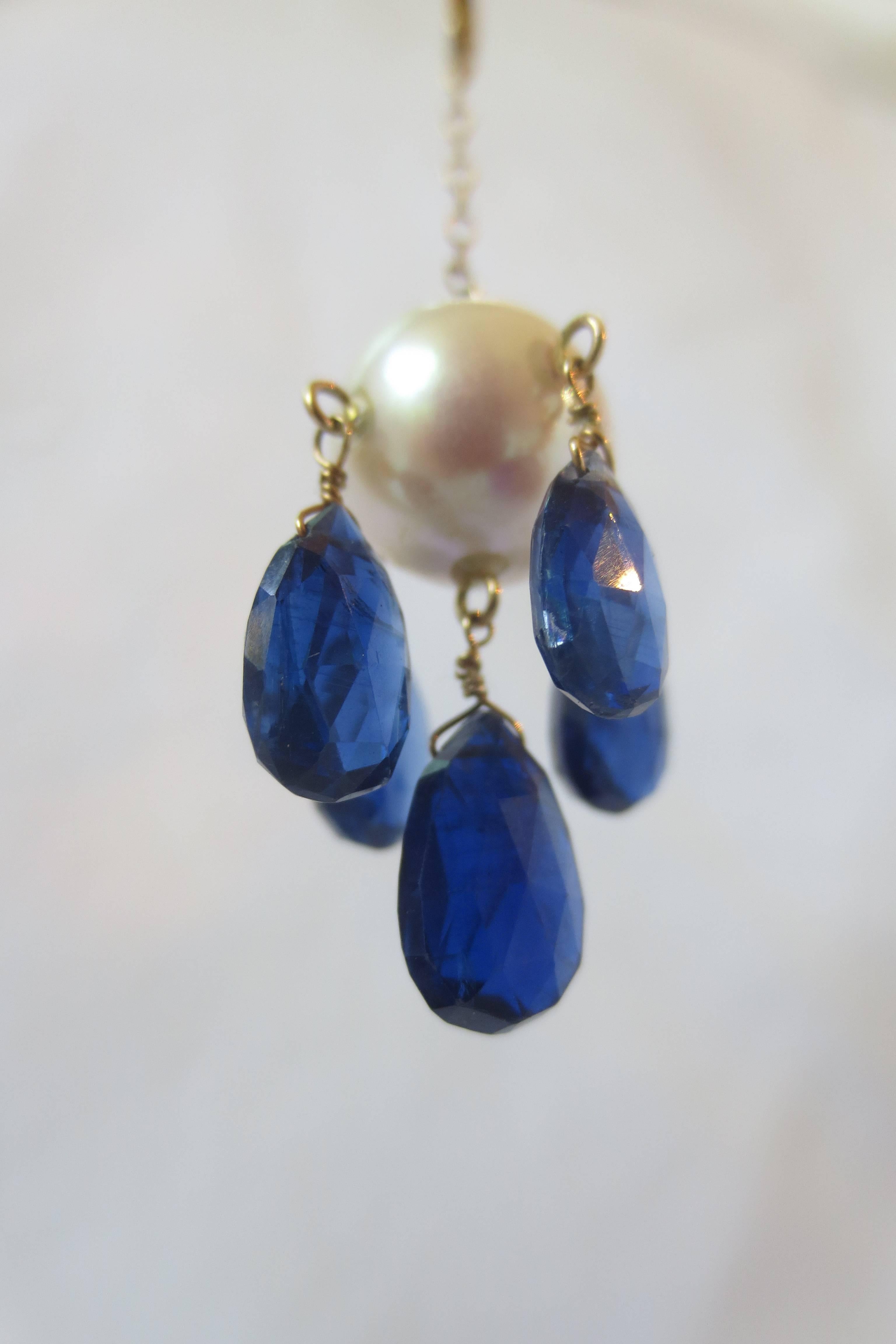 Women's Marina j Pearl and Kyanite Briolettes Dangle Earrings on a 14K Yellow Gold Chain
