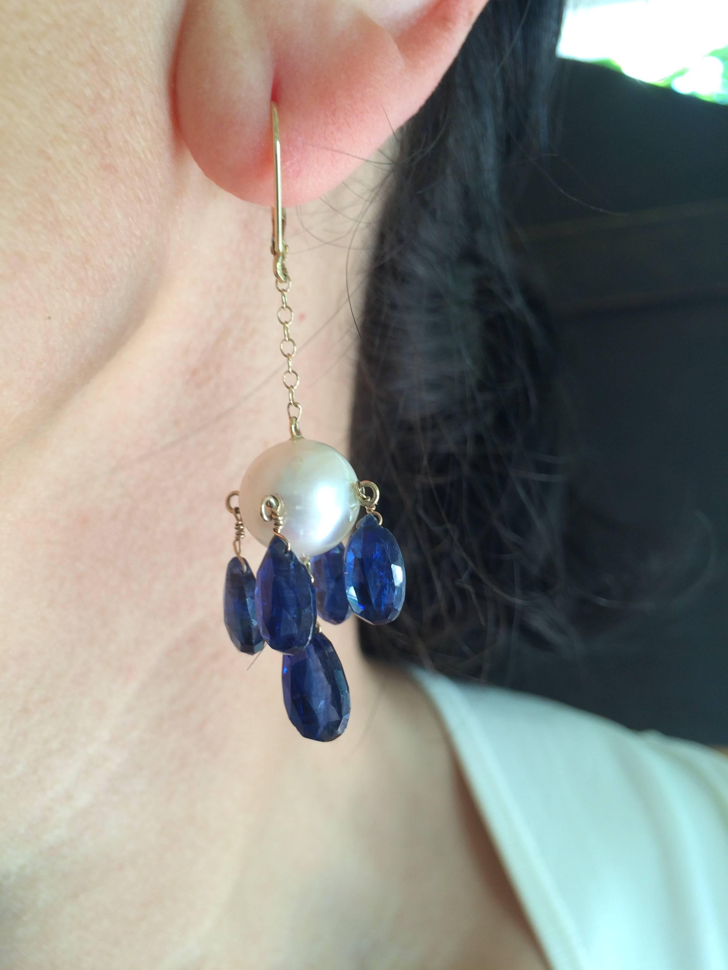 Marina j Pearl and Kyanite Briolettes Dangle Earrings on a 14K Yellow Gold Chain 2