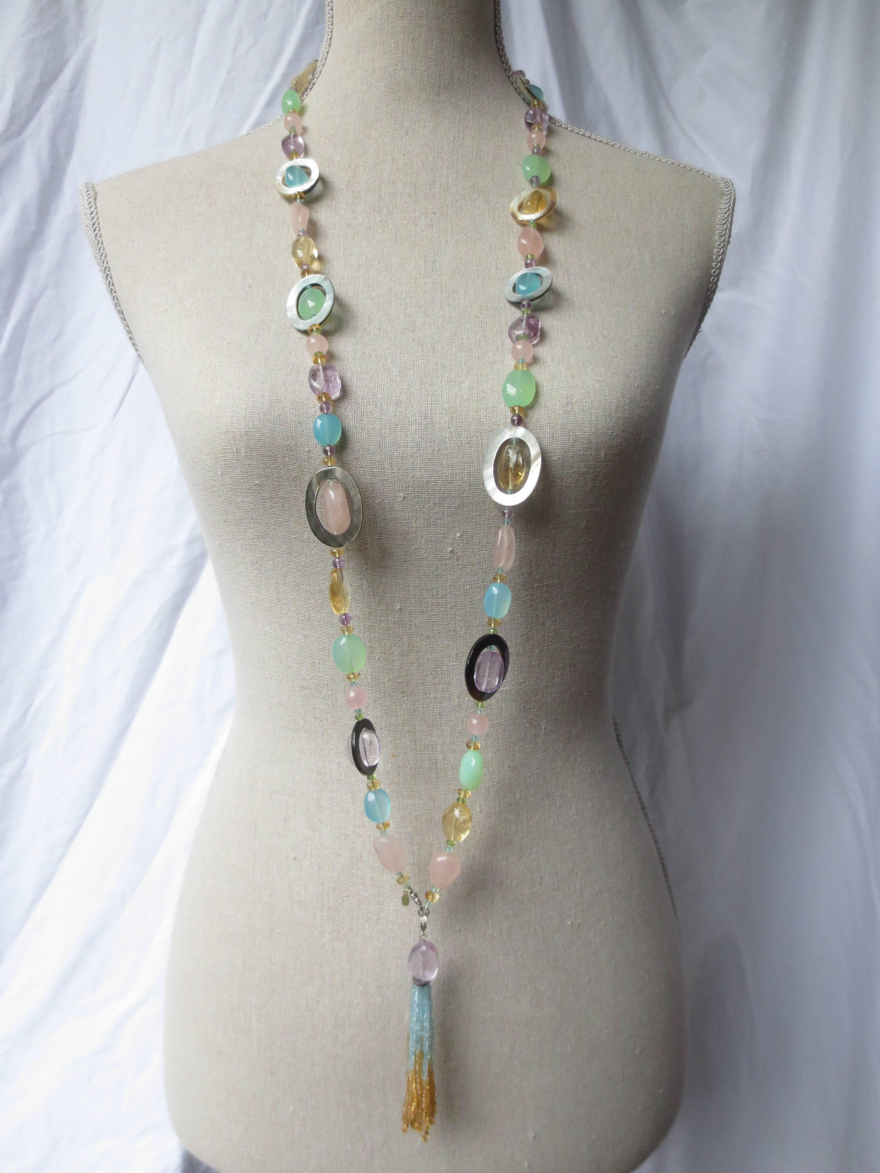 Artist Multicolor semi-precious stone bead long necklace with tassel and white gold