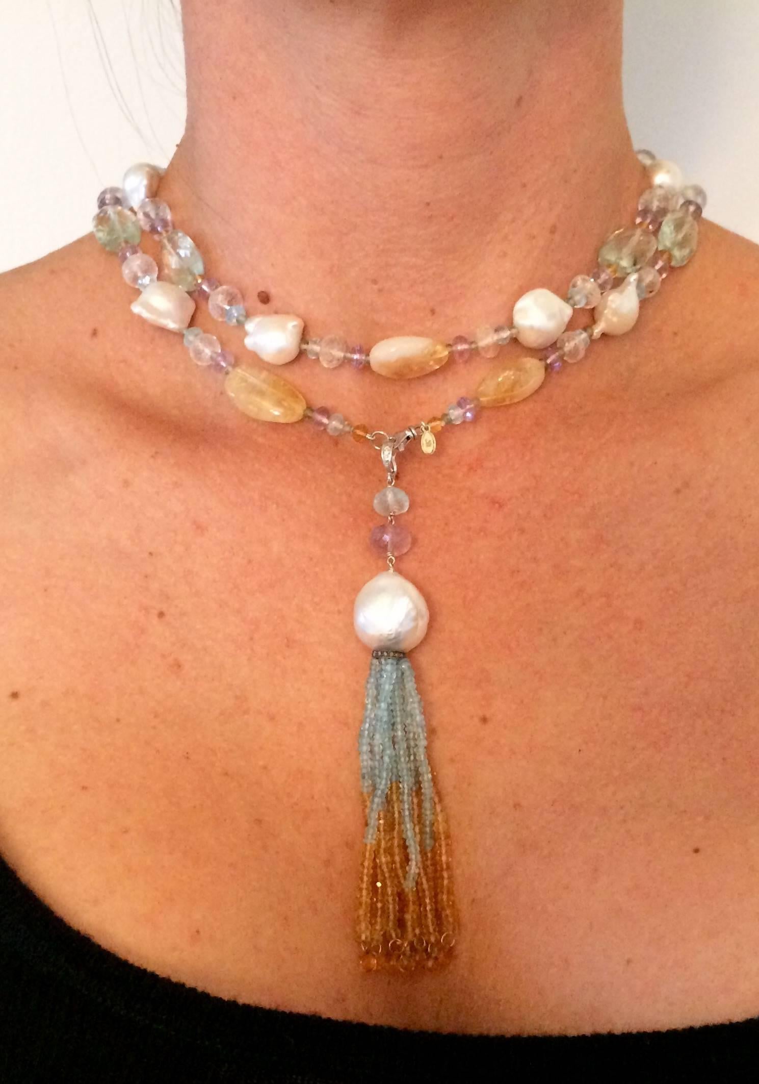 Multicolor semi-precious stone bead long necklace with tassel and white gold 3