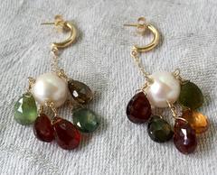 Marina J Pearl, Multicolor Tourmaline Briolettes &  14 k Gold Dangle Earrings