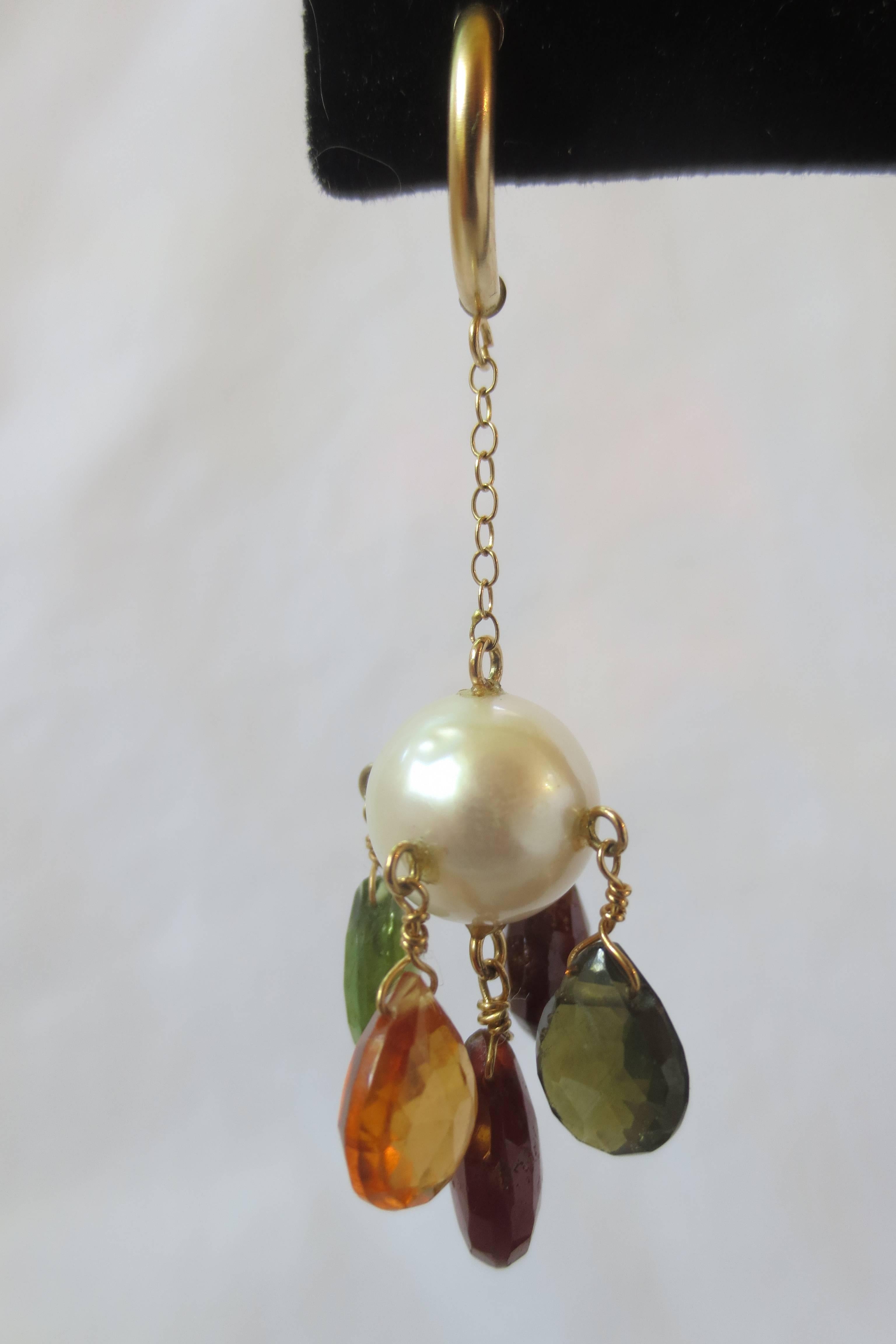 Bead Marina J Pearl, Multicolor Tourmaline Briolettes &  14 k Gold Dangle Earrings  For Sale