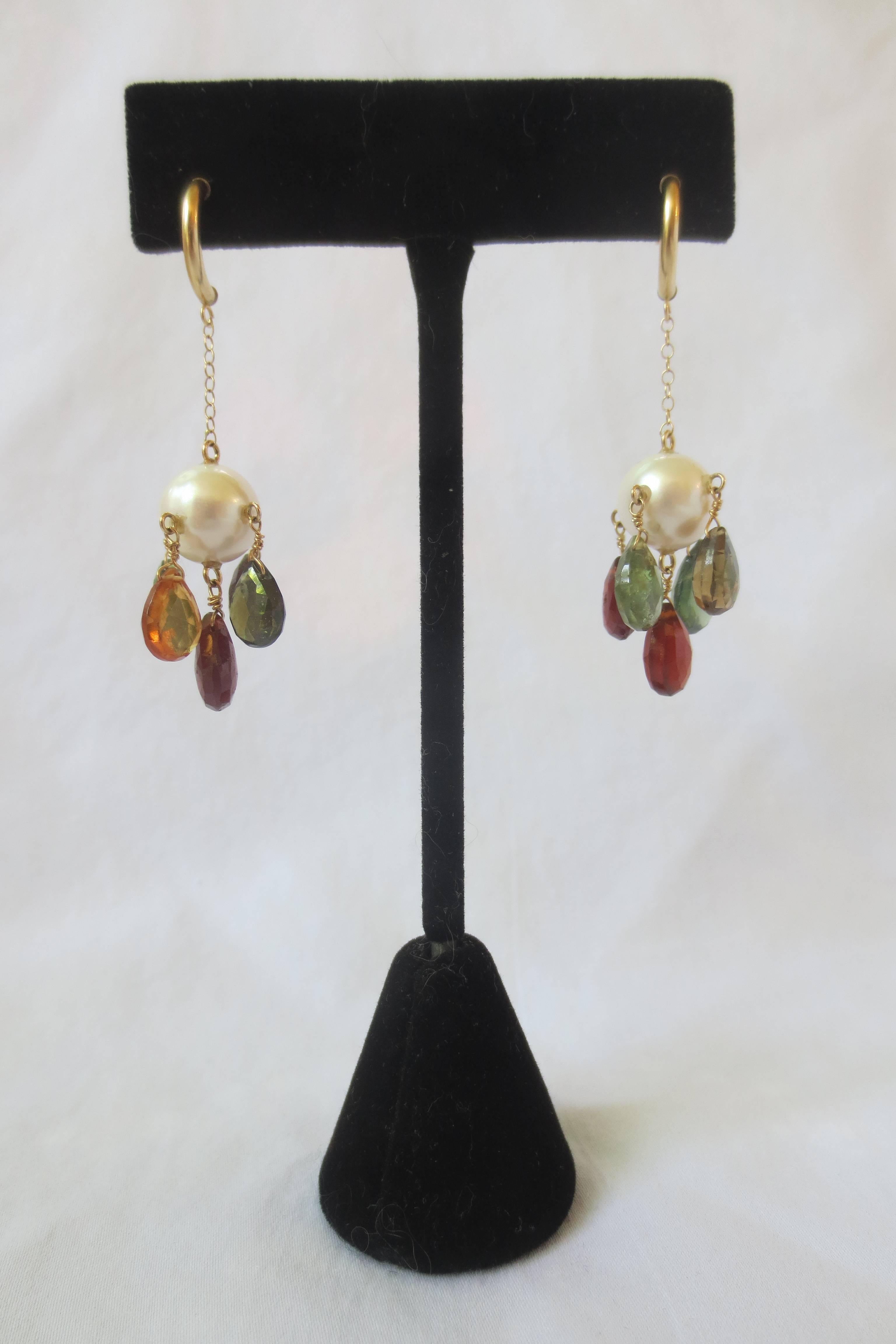 Marina J Pearl, Multicolor Tourmaline Briolettes &  14 k Gold Dangle Earrings  In New Condition For Sale In Los Angeles, CA