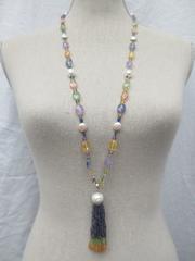 Faceted Multicolor Semiprecious Stone and Pearl Lariat with White Gold Finding