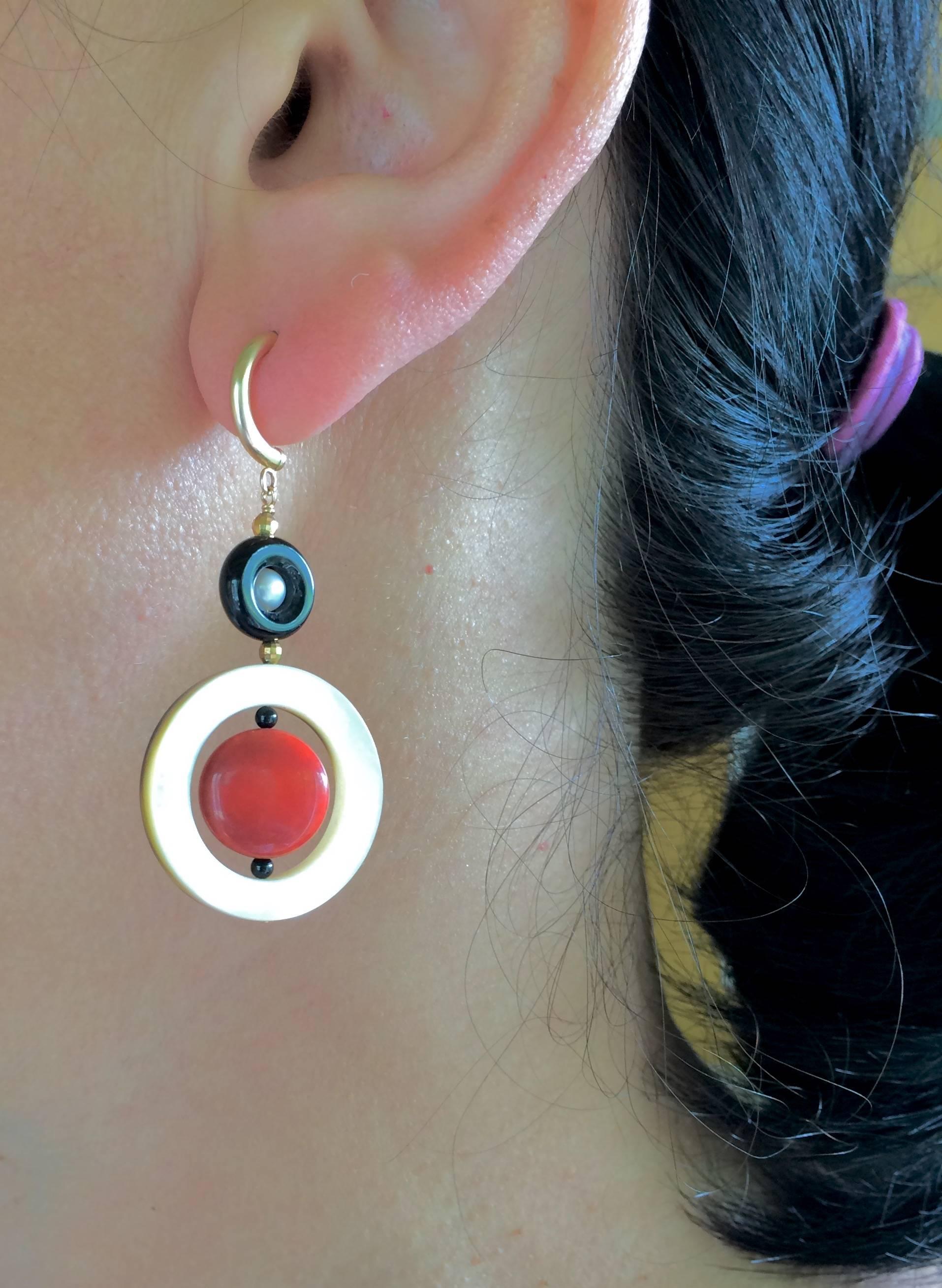Art Deco Coral Onyx Pearl Mother-of-Pearl Dangle Earrings 2