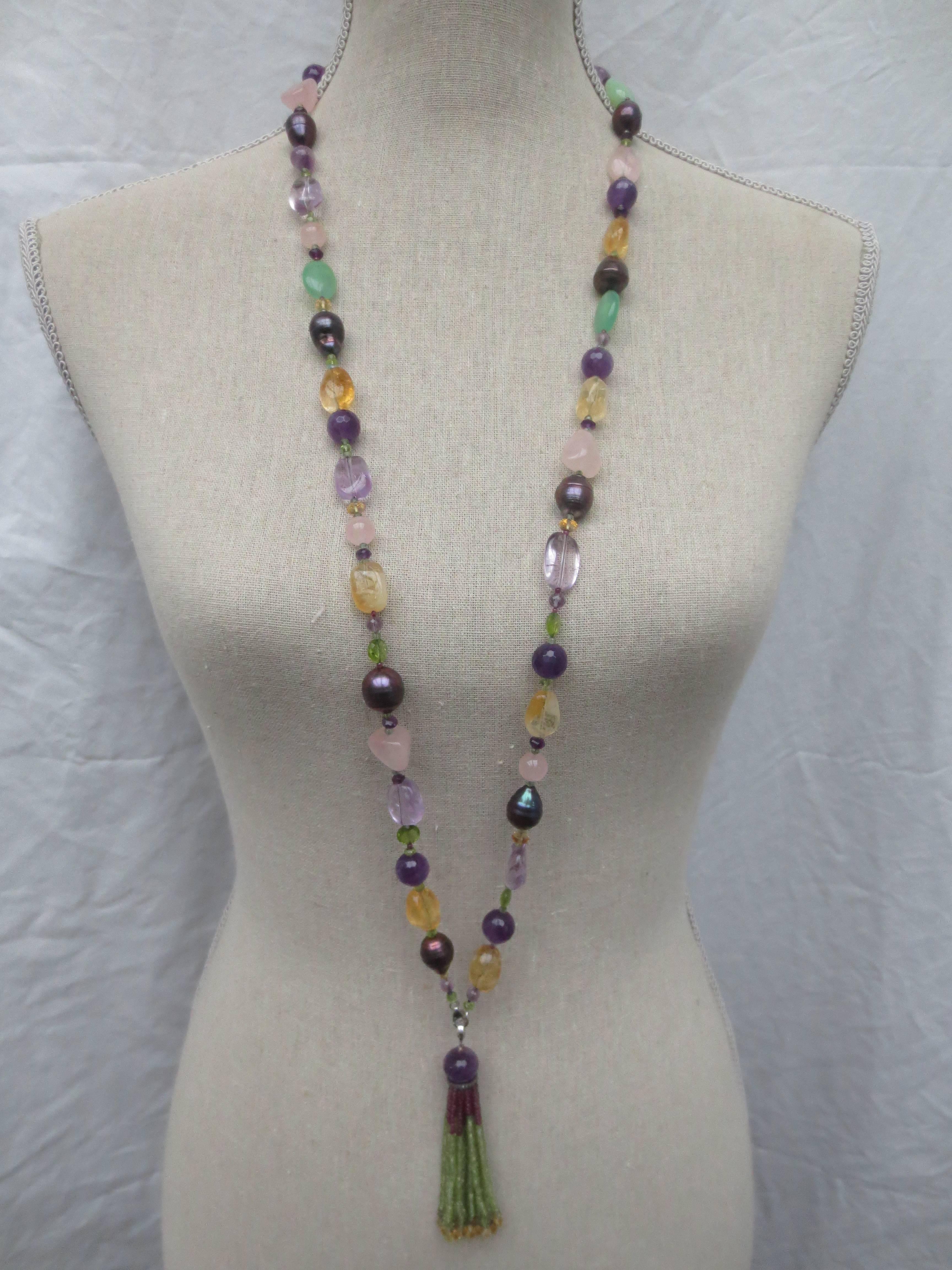 Multi-gemstone Long Lariat Necklace with Semi-precious Bead Tassel White Gold  In New Condition In Los Angeles, CA