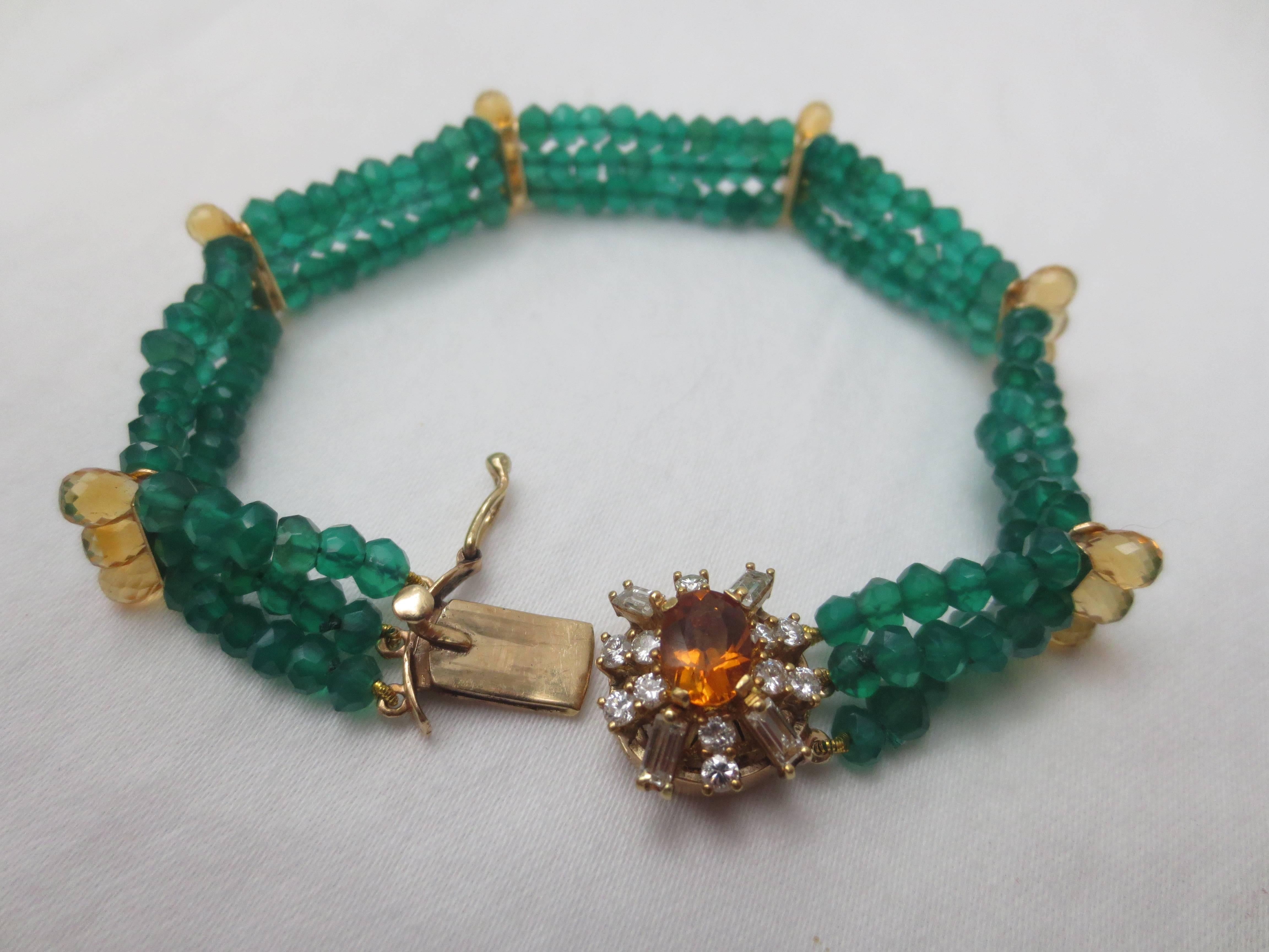 Baguette Cut Marina J. Diamonds, Citrine and 14K Gold Clasp with Faceted Green Onyx Bracelet