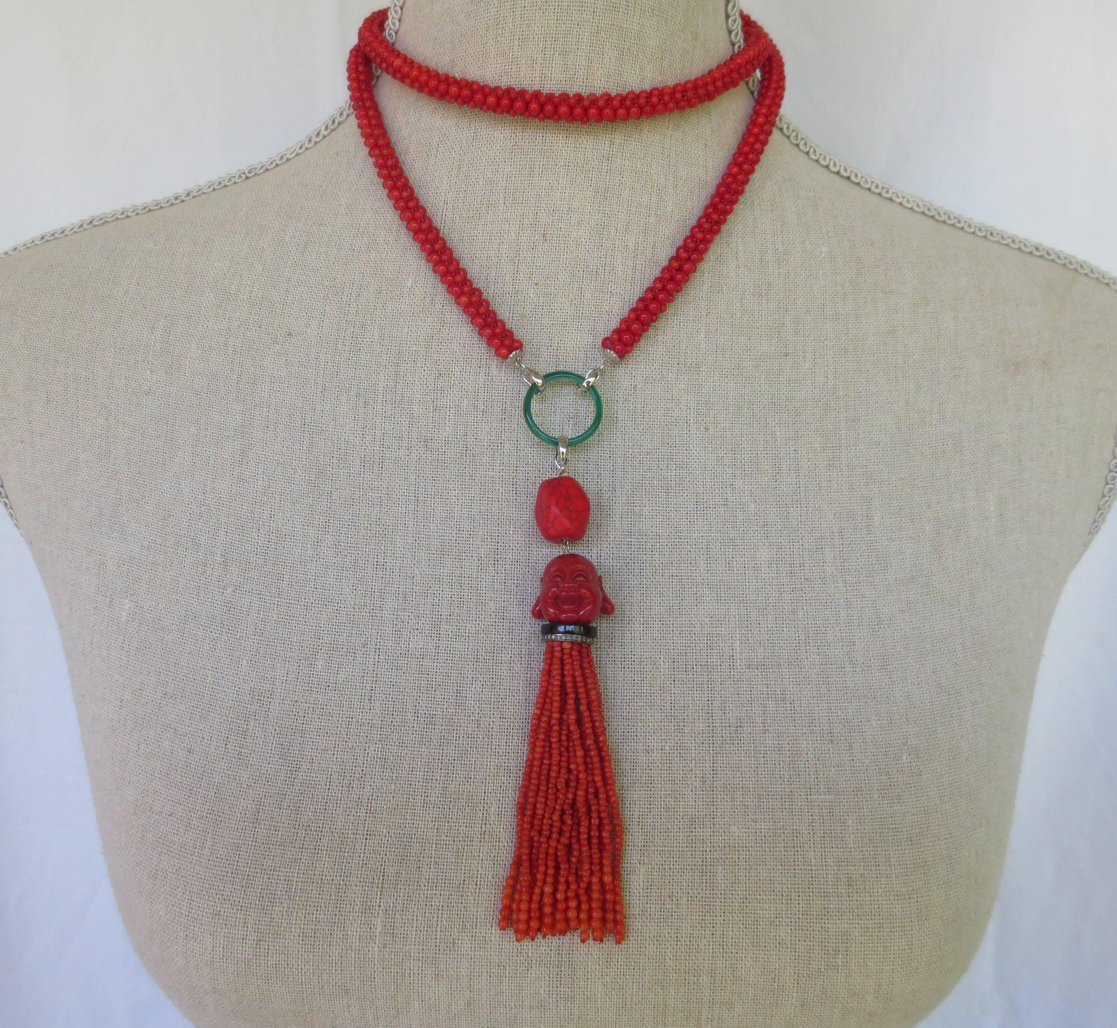 Multi-Strand Woven Coral Bead Tassel Sautoir Necklace In New Condition In Los Angeles, CA