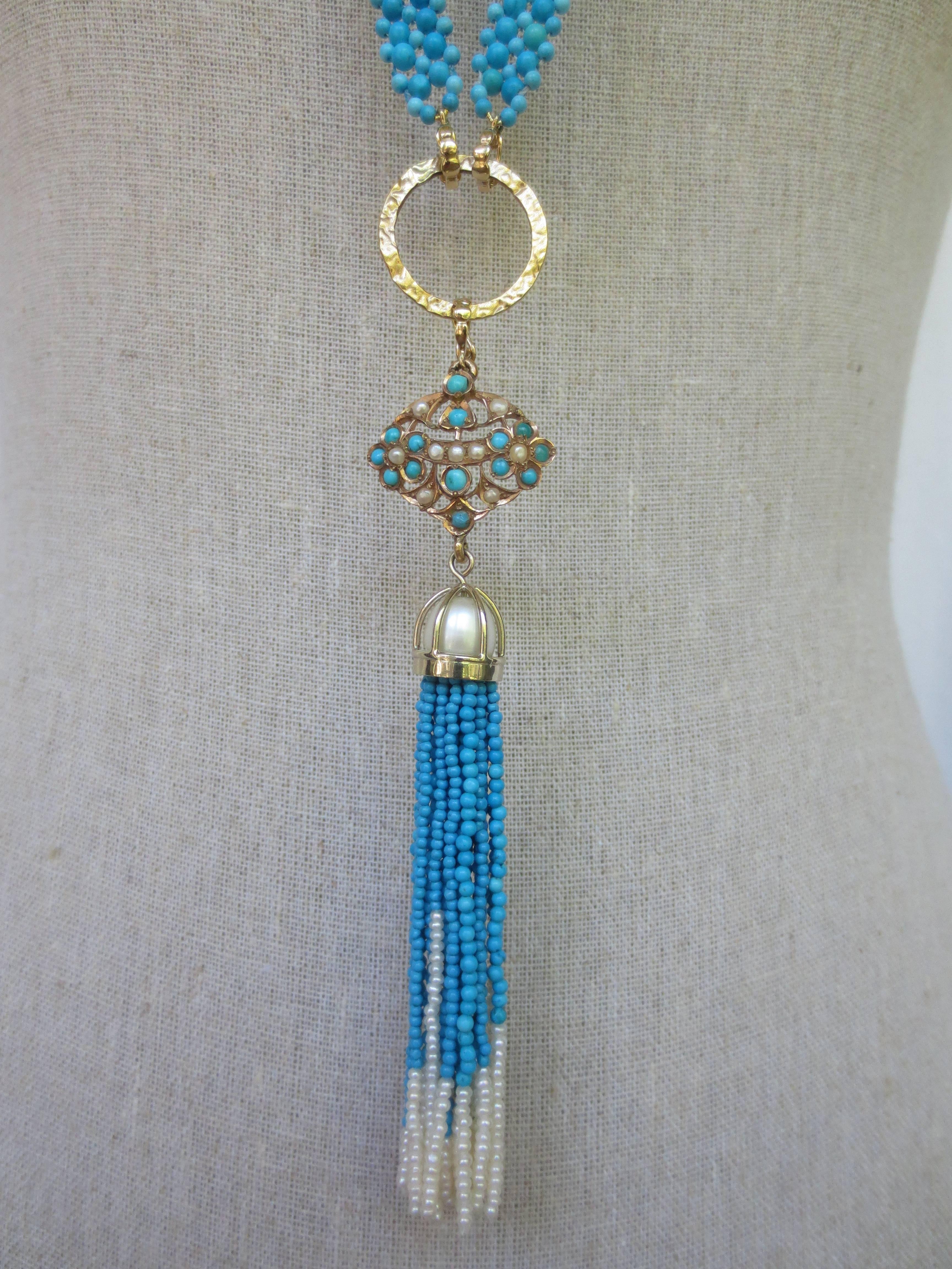 Marina j Multi-Strand Woven Turquoise Bead and Pearl Sautoir Necklace In New Condition In Los Angeles, CA