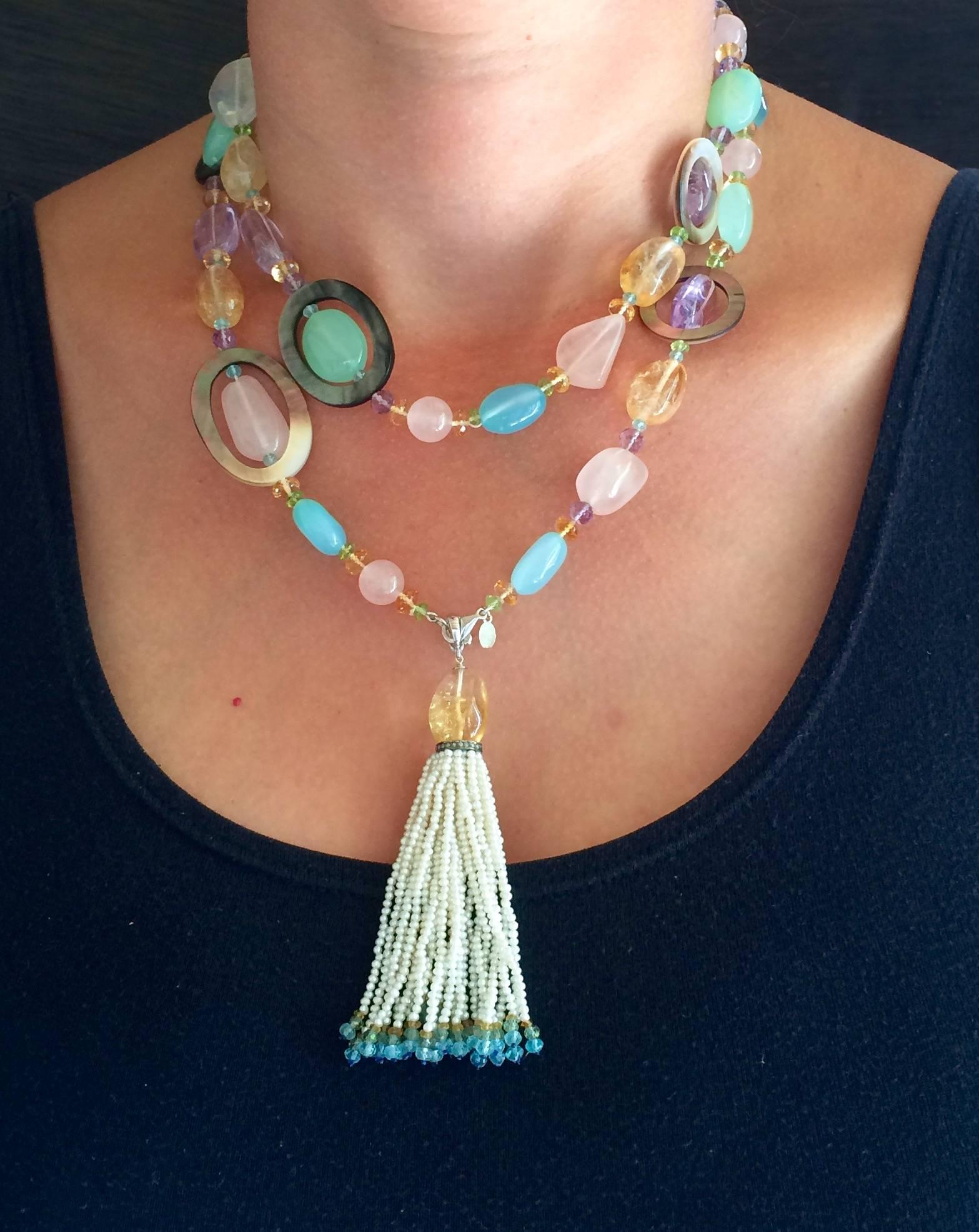 Multi-Color Semi-Precious Bead Long Lariat Necklace with Pearl Tassel 2