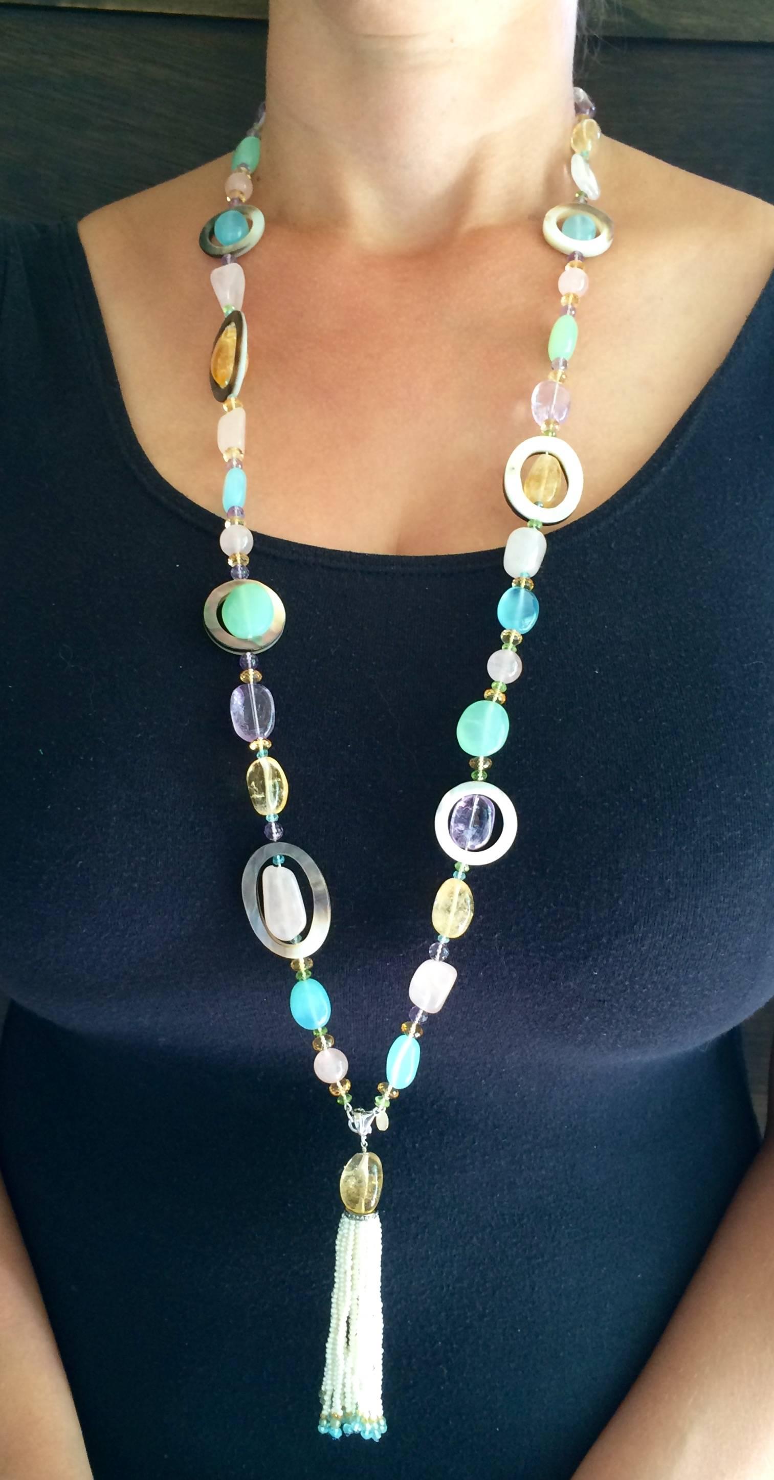 Multi-Color Semi-Precious Bead Long Lariat Necklace with Pearl Tassel 1
