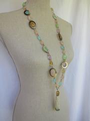 Multi-Color Semi-Precious Bead Long Lariat Necklace with Pearl Tassel