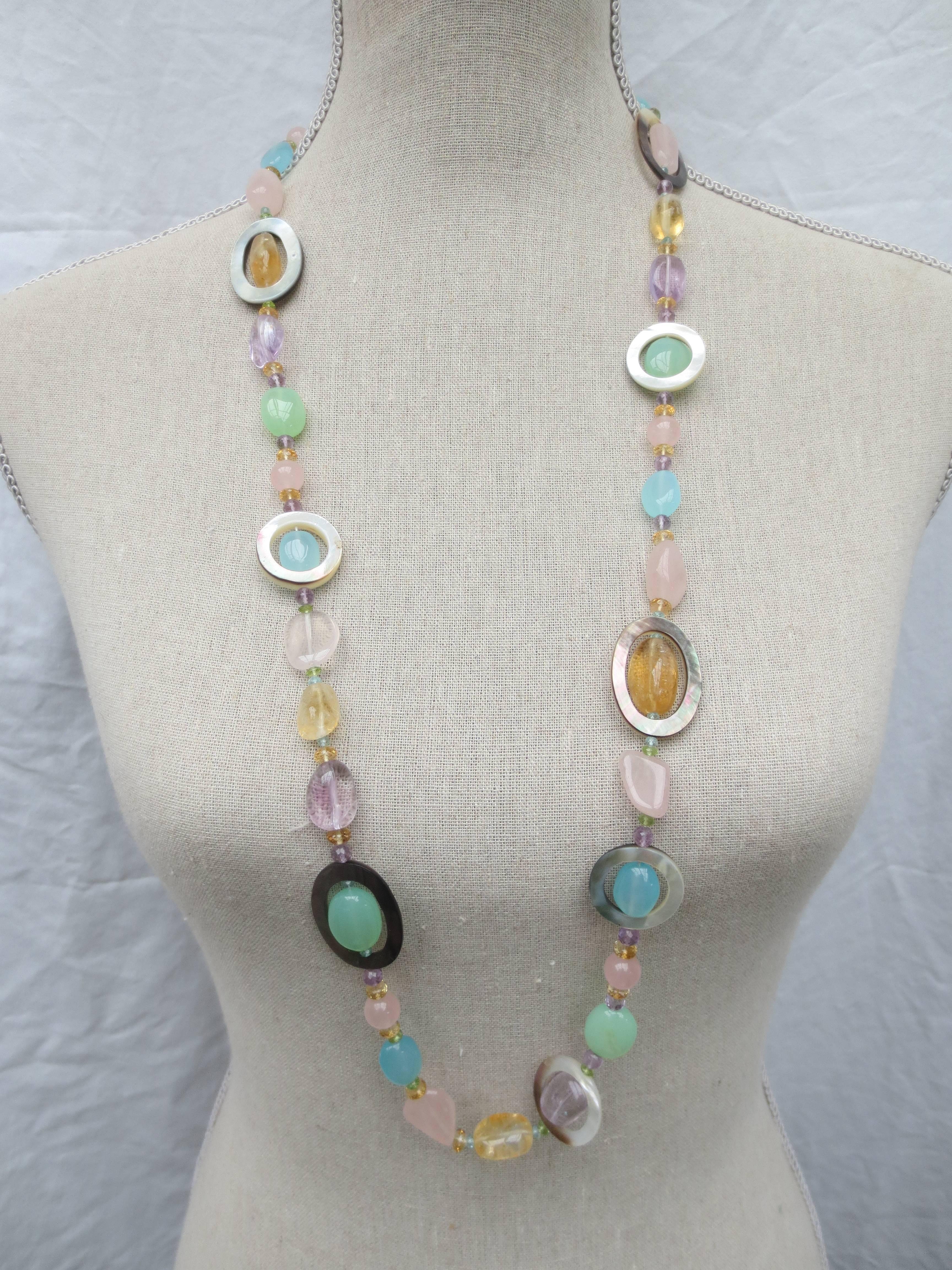Artist Multi-Color Semi-Precious Bead Long Lariat Necklace with Pearl Tassel