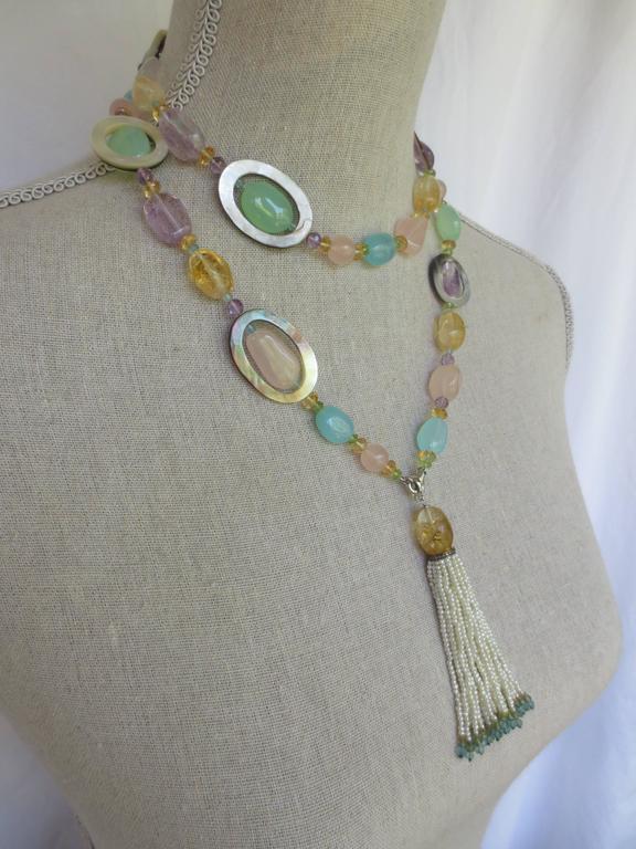 Multi-Color Semi-Precious Bead Long Lariat Necklace with Pearl Tassel ...