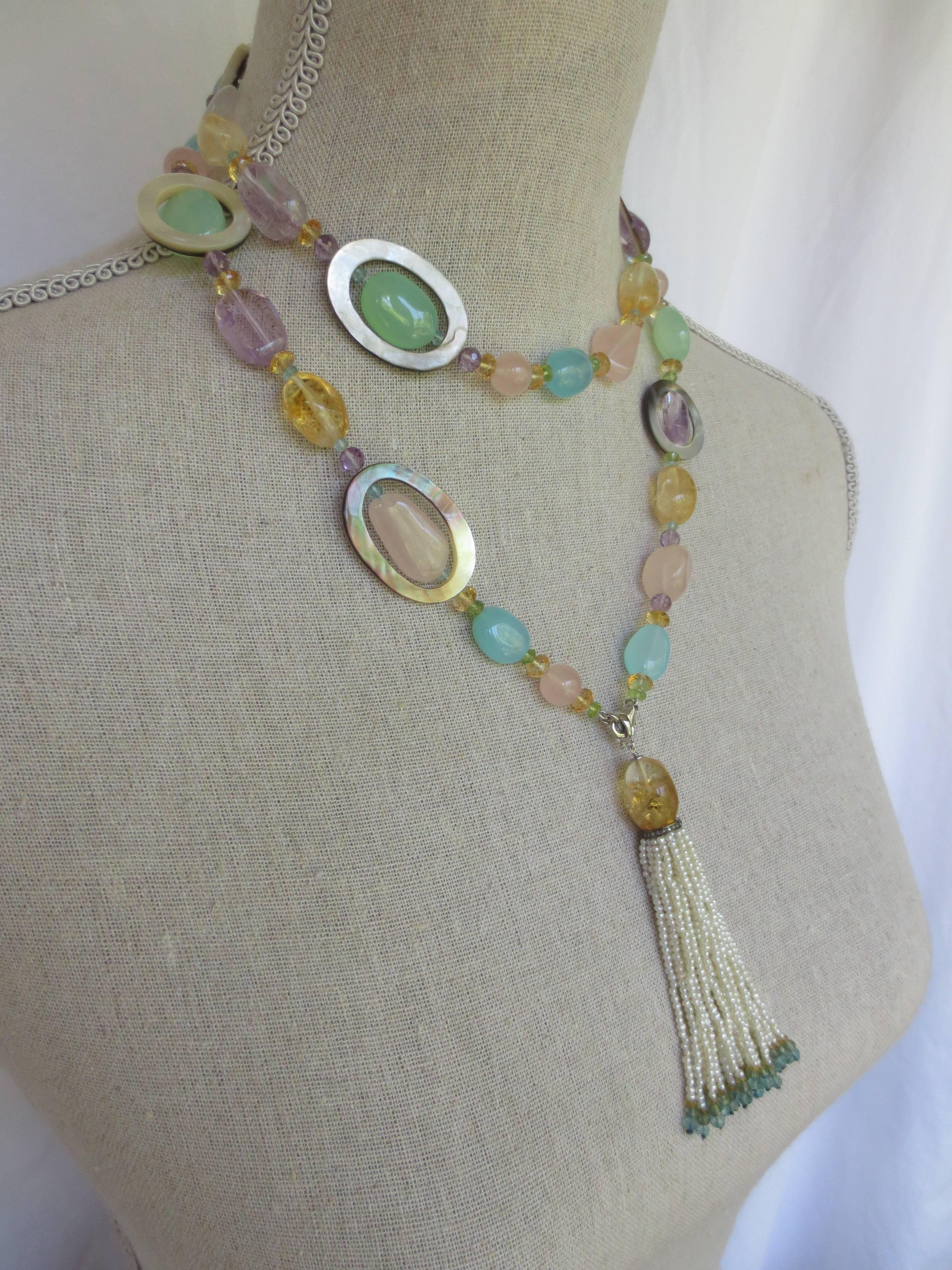 Multi-Color Semi-Precious Bead Long Lariat Necklace with Pearl Tassel In New Condition In Los Angeles, CA