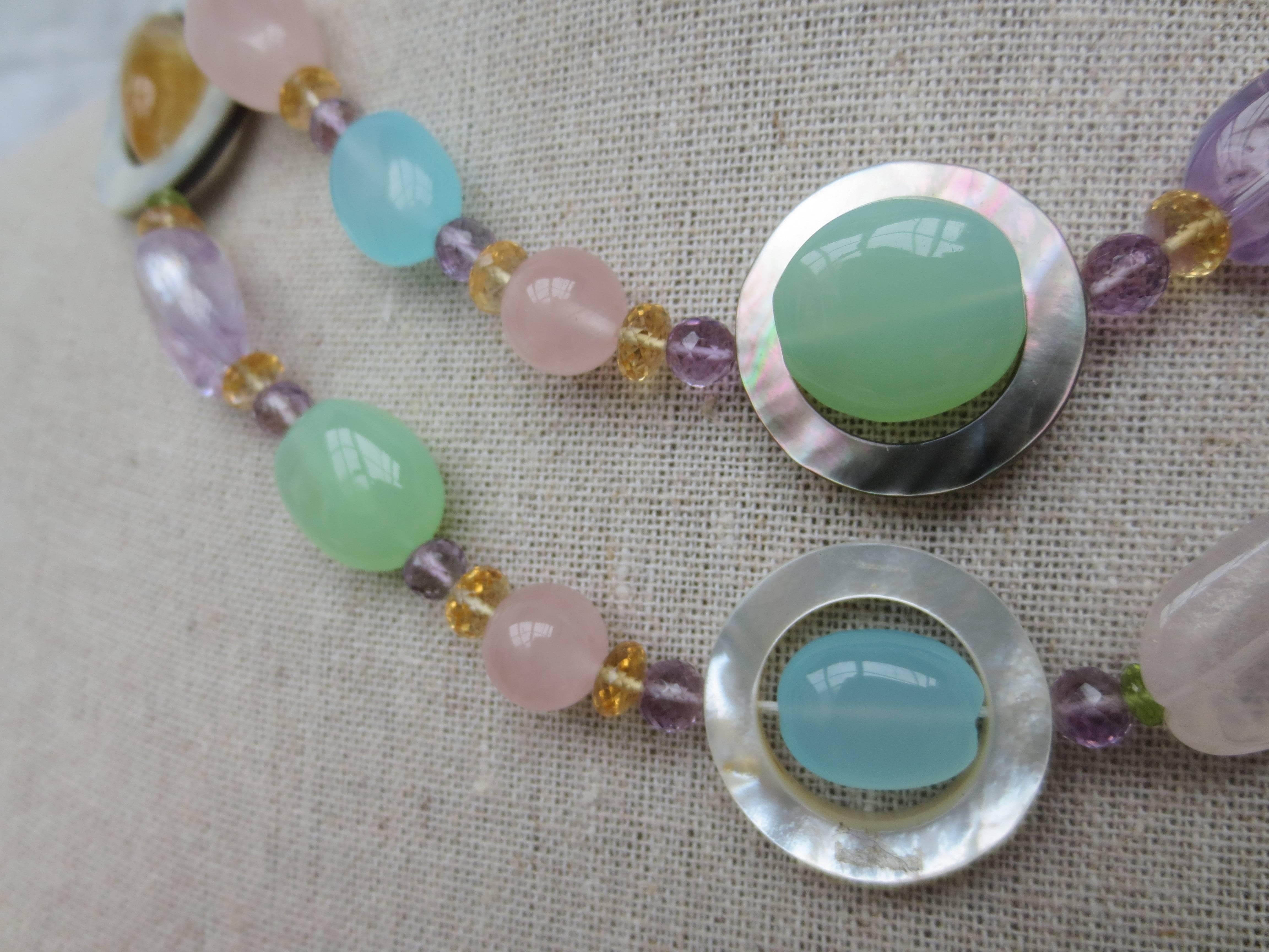 Women's or Men's Multi-Color Semi-Precious Bead Long Lariat Necklace with Pearl Tassel