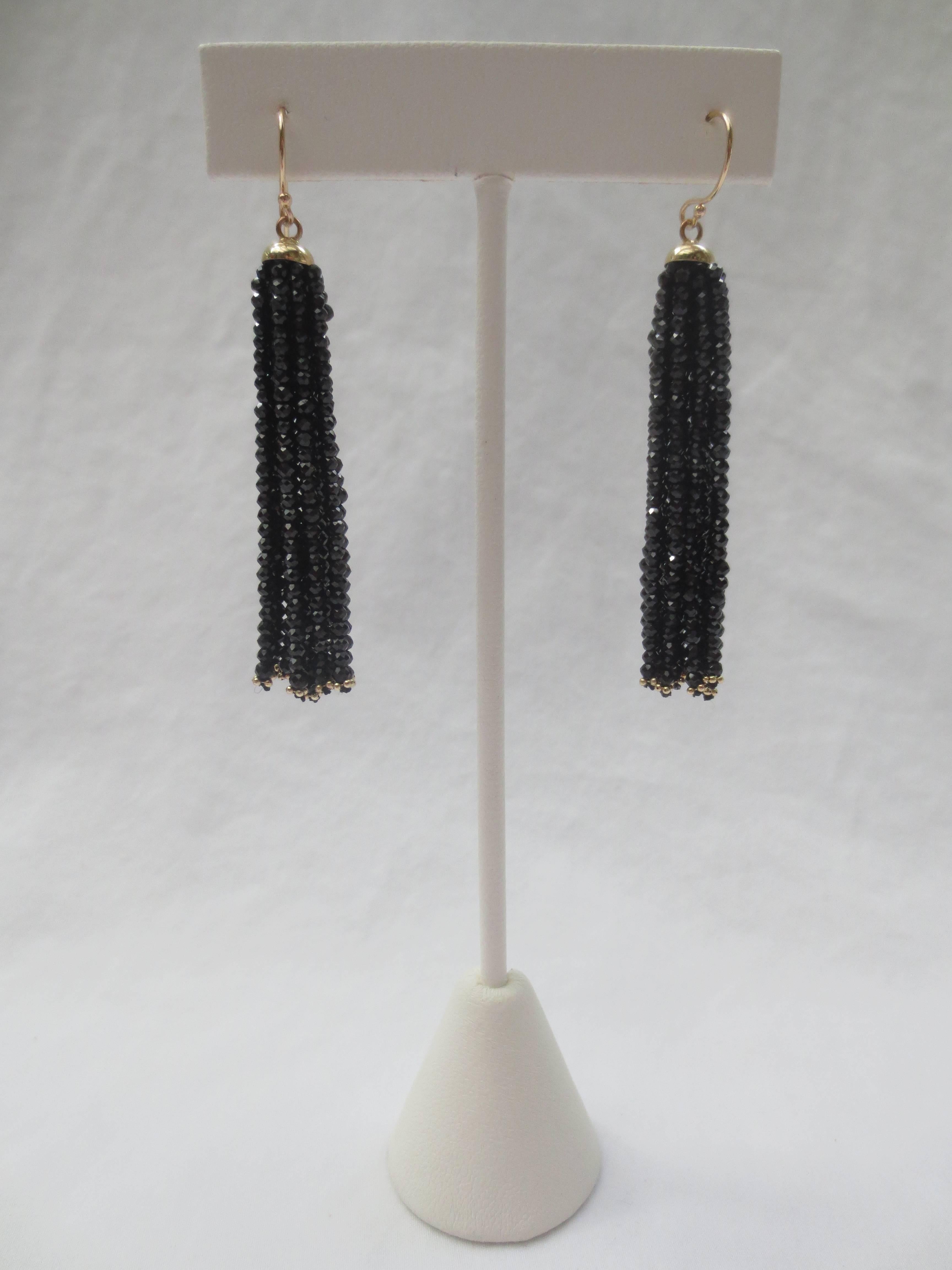 Artist Marina J Multi-Strand Faceted Black Spinel Bead 14 k Gold Dangle Tassel Earrings