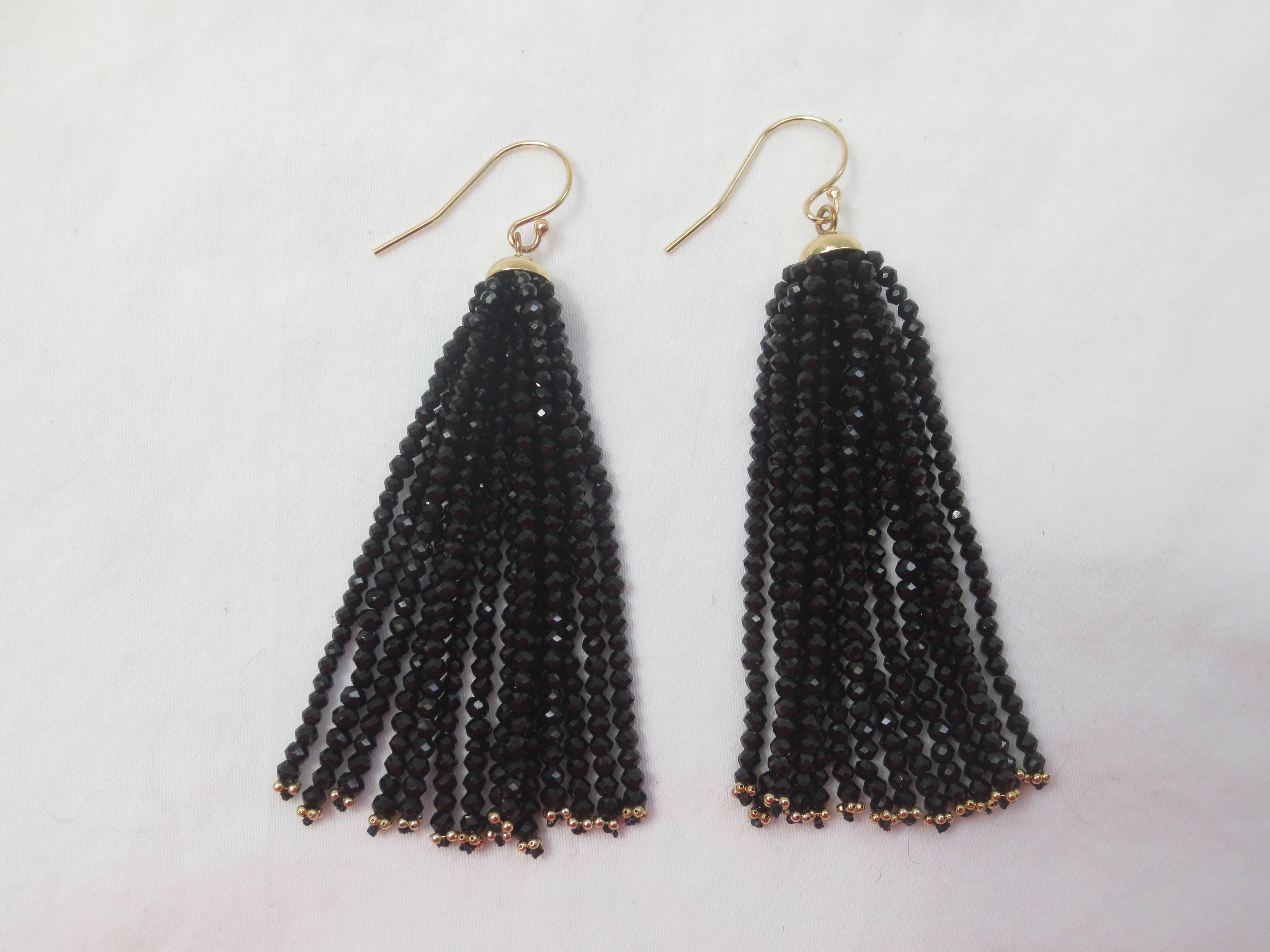 Marina J Multi-Strand Faceted Black Spinel Bead 14 k Gold Dangle Tassel Earrings In New Condition In Los Angeles, CA