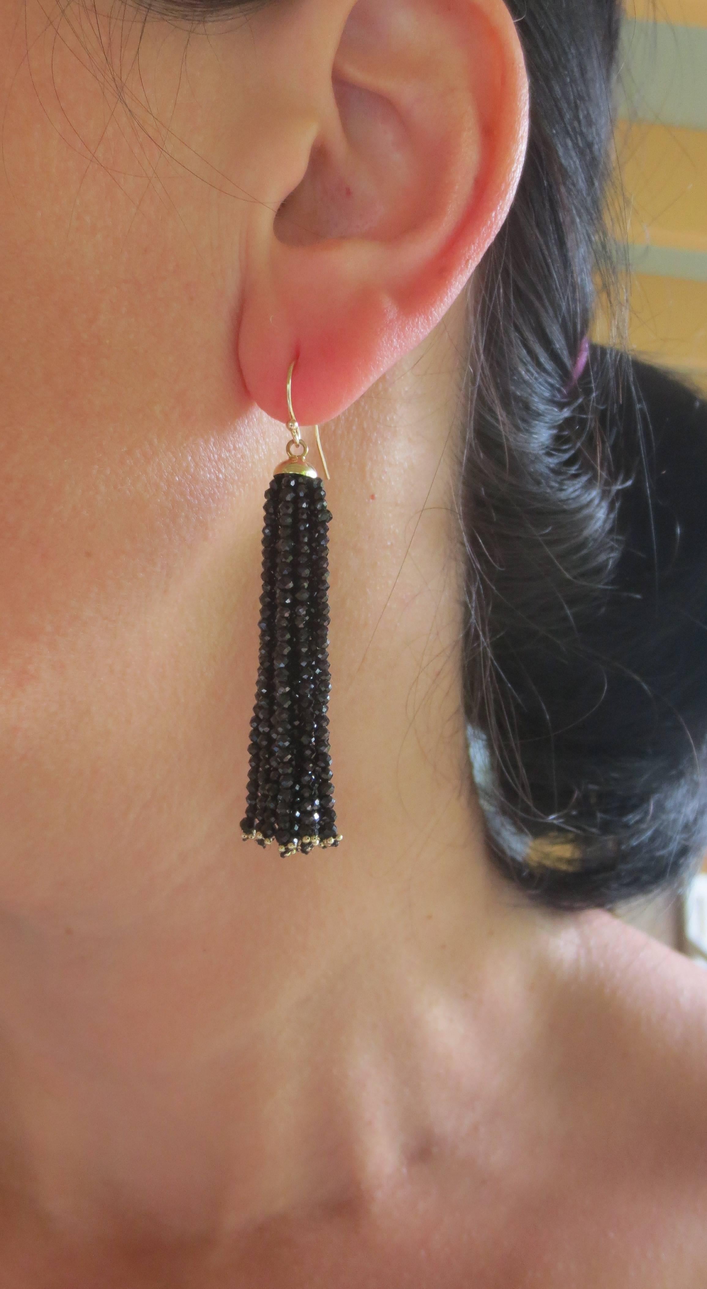 Women's Marina J Multi-Strand Faceted Black Spinel Bead 14 k Gold Dangle Tassel Earrings