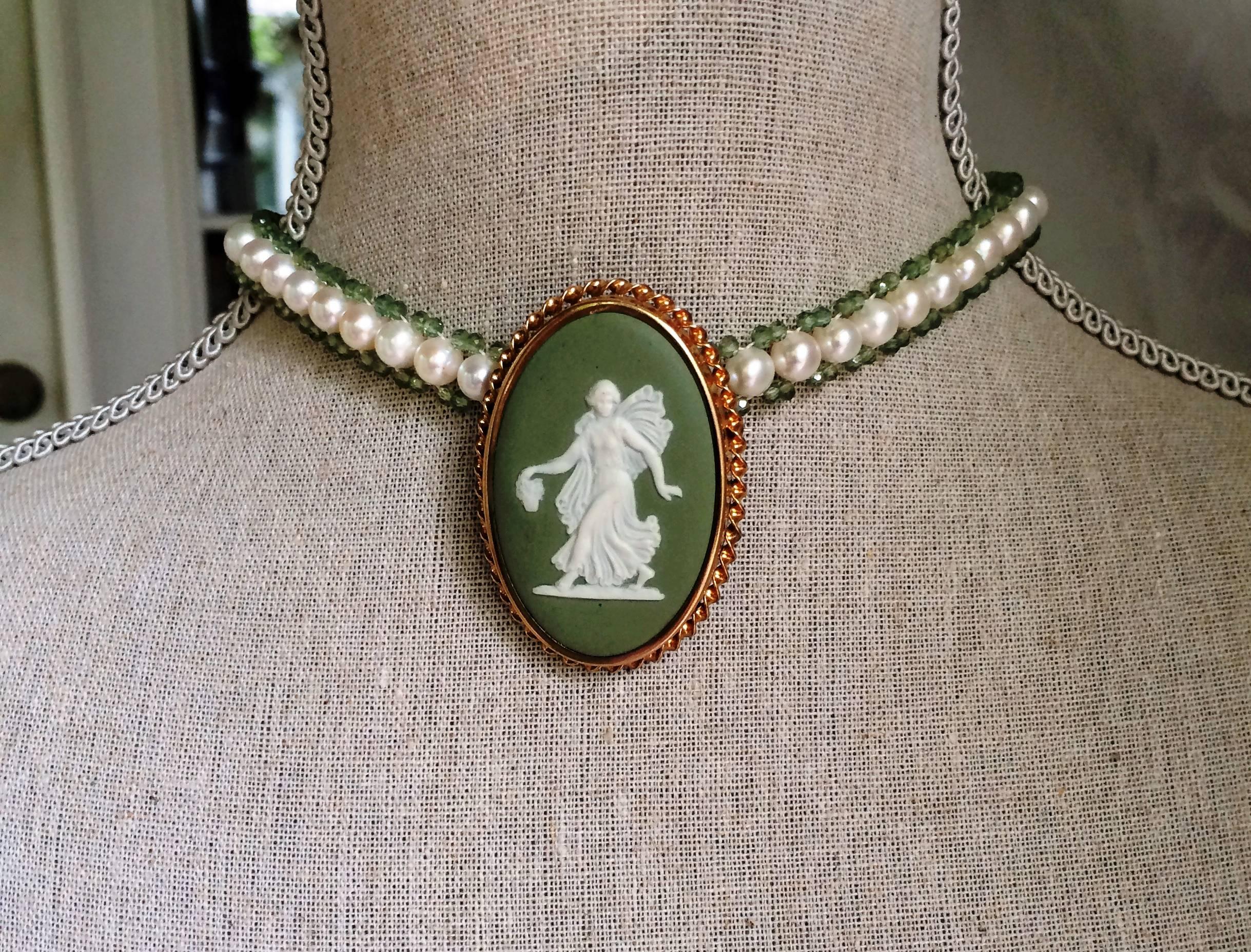 Versatile Pearl and Apatite Bead Sautoir Tassel Necklace with Wedgwood Cameo 2