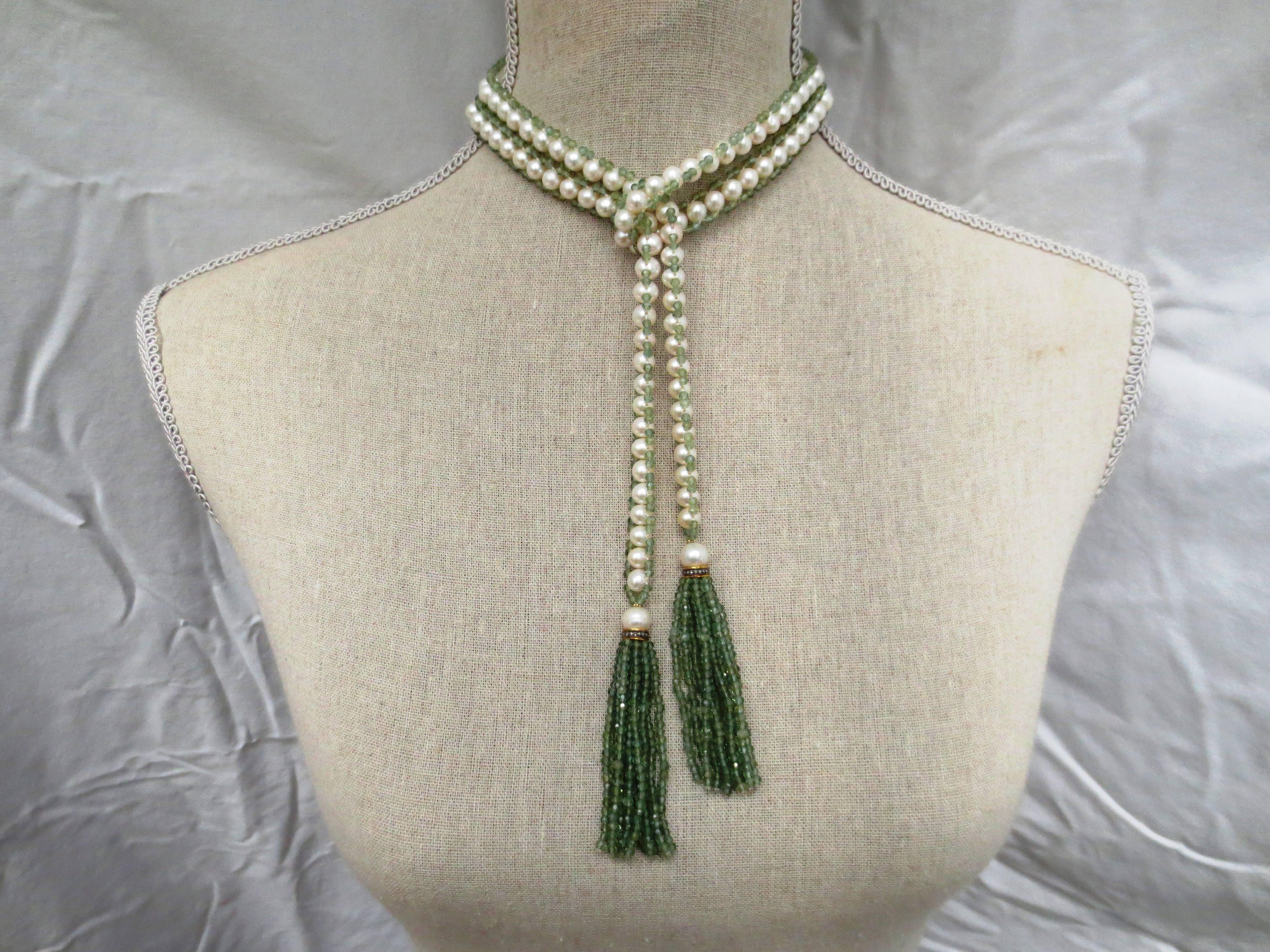 Artist Versatile Pearl and Apatite Bead Sautoir Tassel Necklace with Wedgwood Cameo