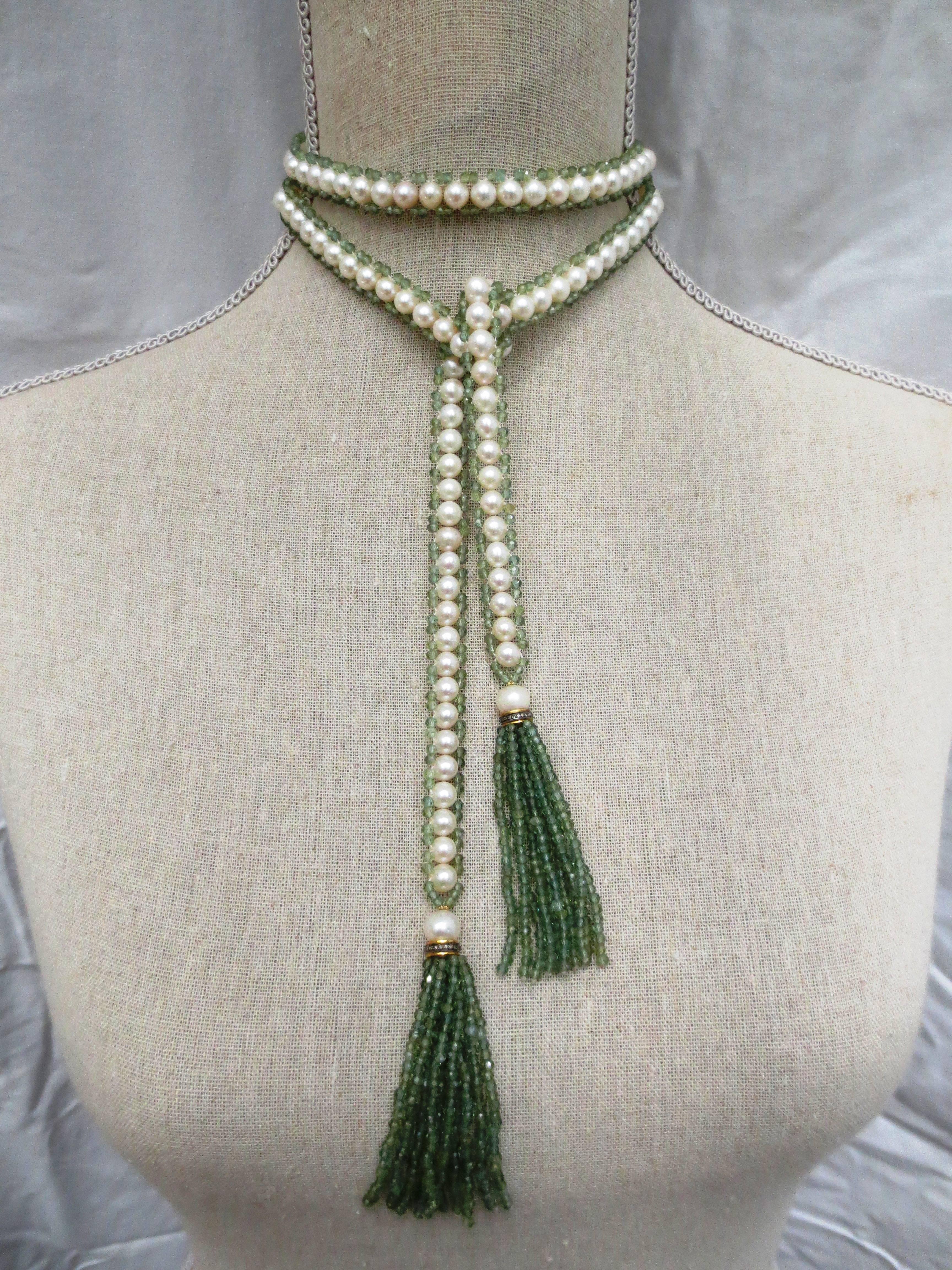 Versatile Pearl and Apatite Bead Sautoir Tassel Necklace with Wedgwood Cameo In New Condition In Los Angeles, CA