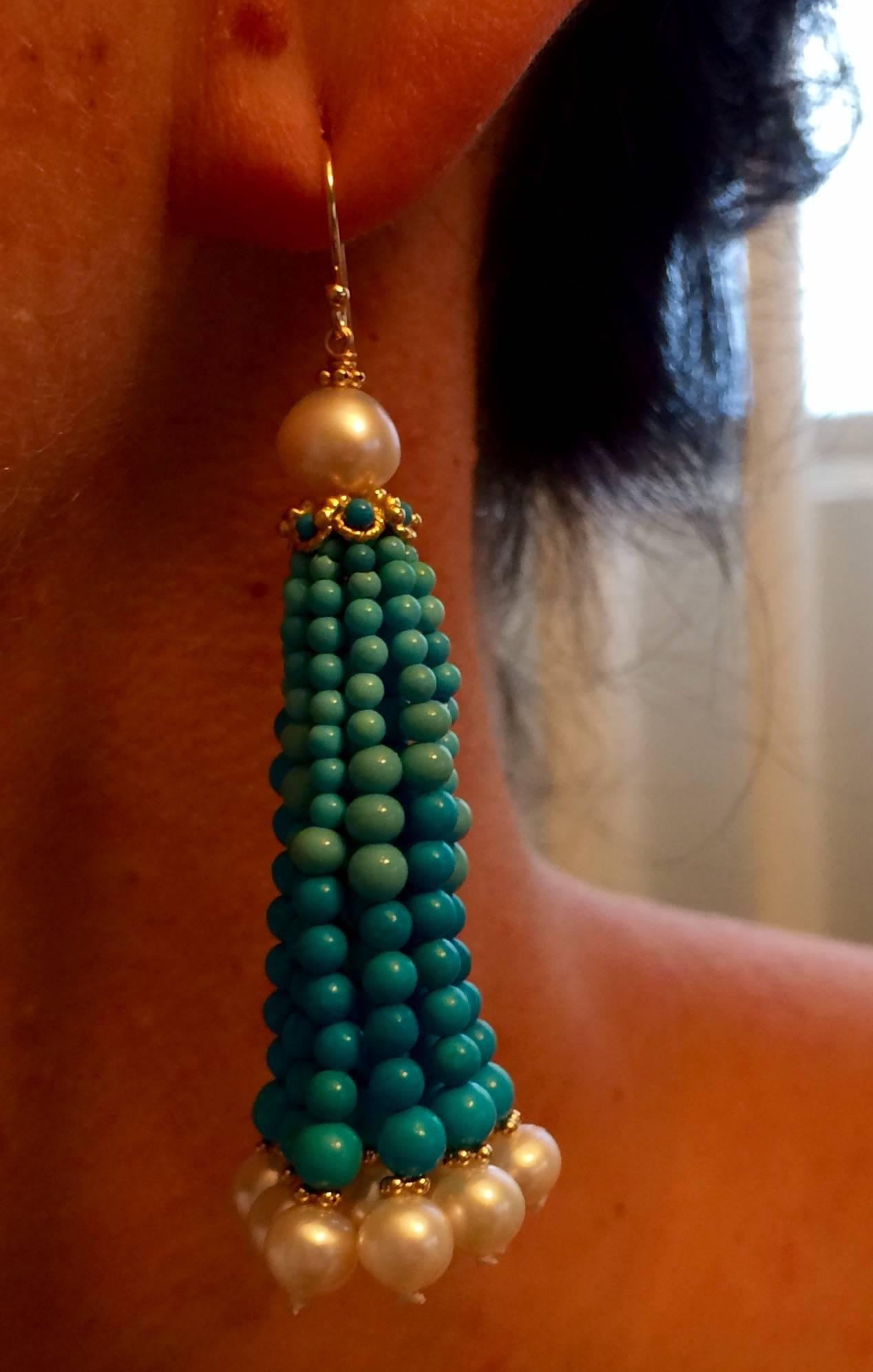 Artist Graduated Turquoise Bead and Pearl Tassel Earrings w. 14 K Gold beads, wire, cup