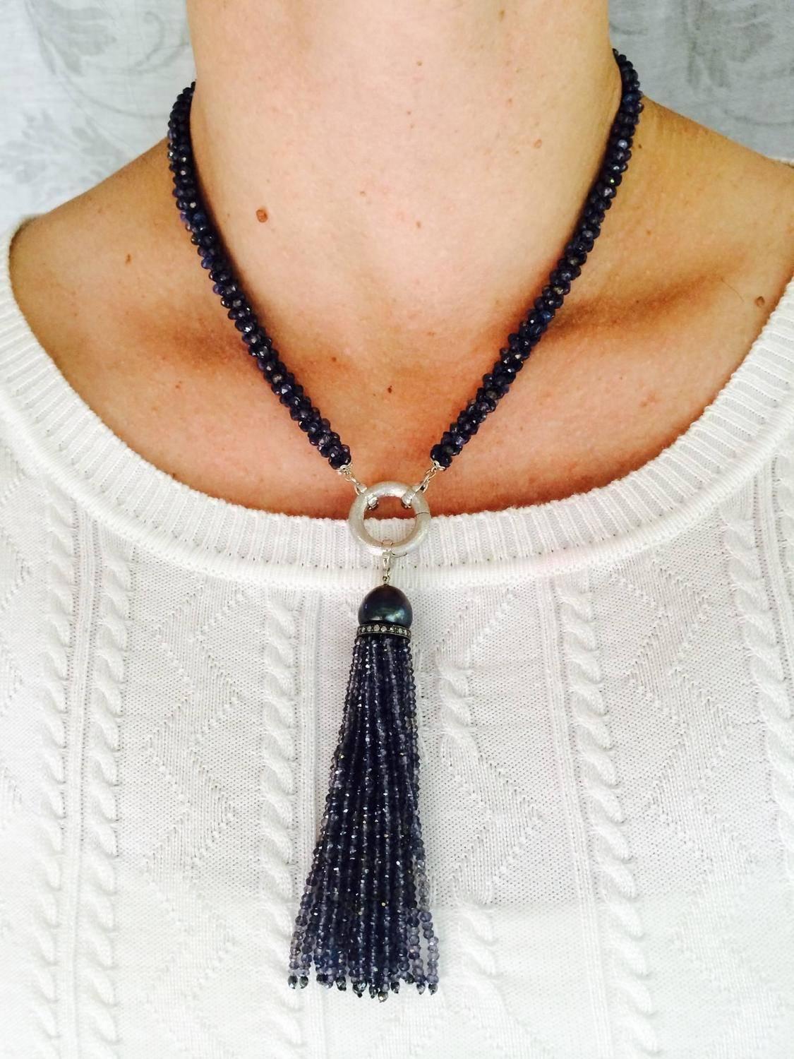 Women's Marina j Woven Iolite Sautoir With a Black Pearl Tassel and a 14k Gold Clasp