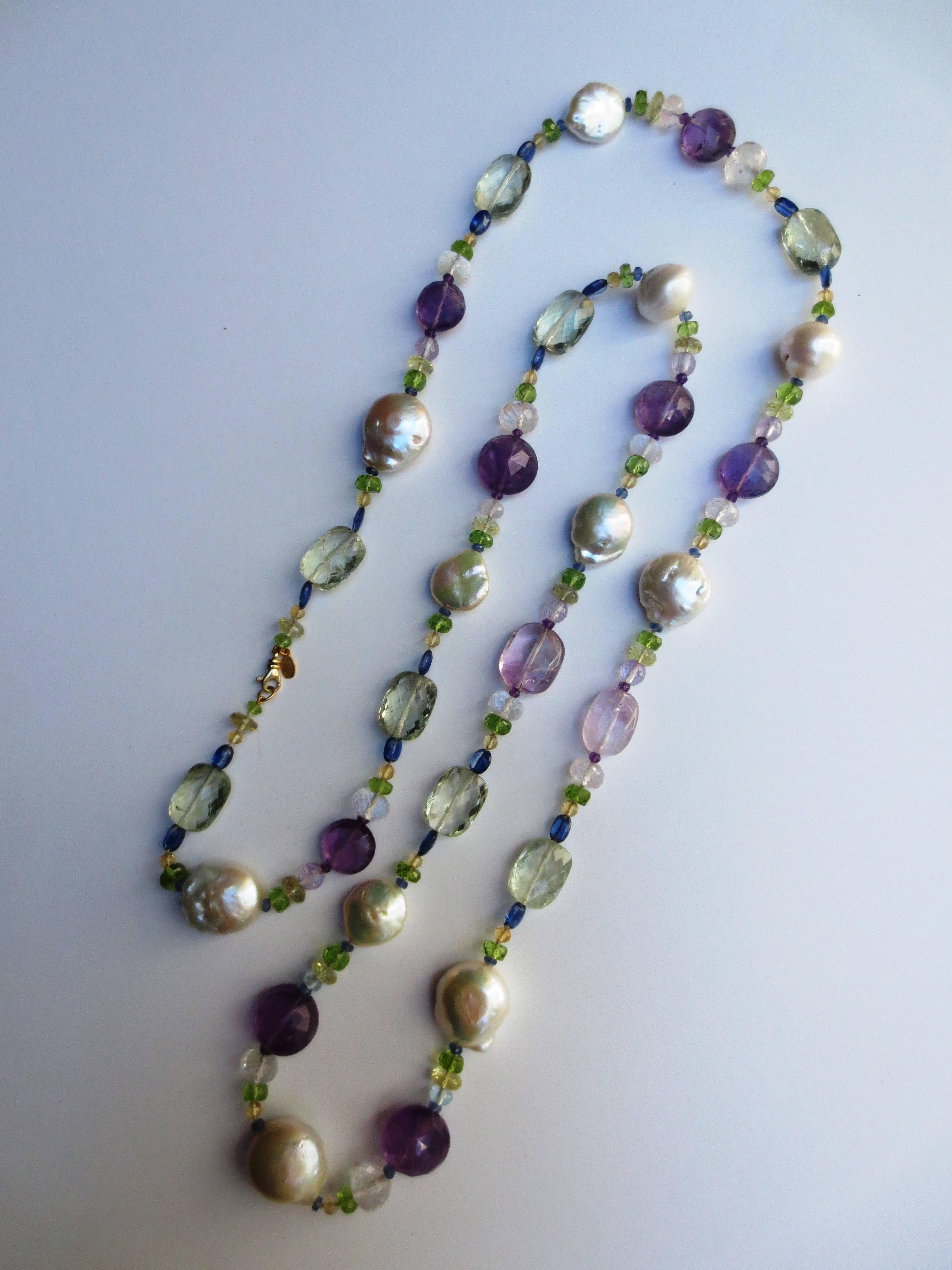 Pearl and Semiprecious Gemstones Long Lariat Necklace with Gold Clasp 3