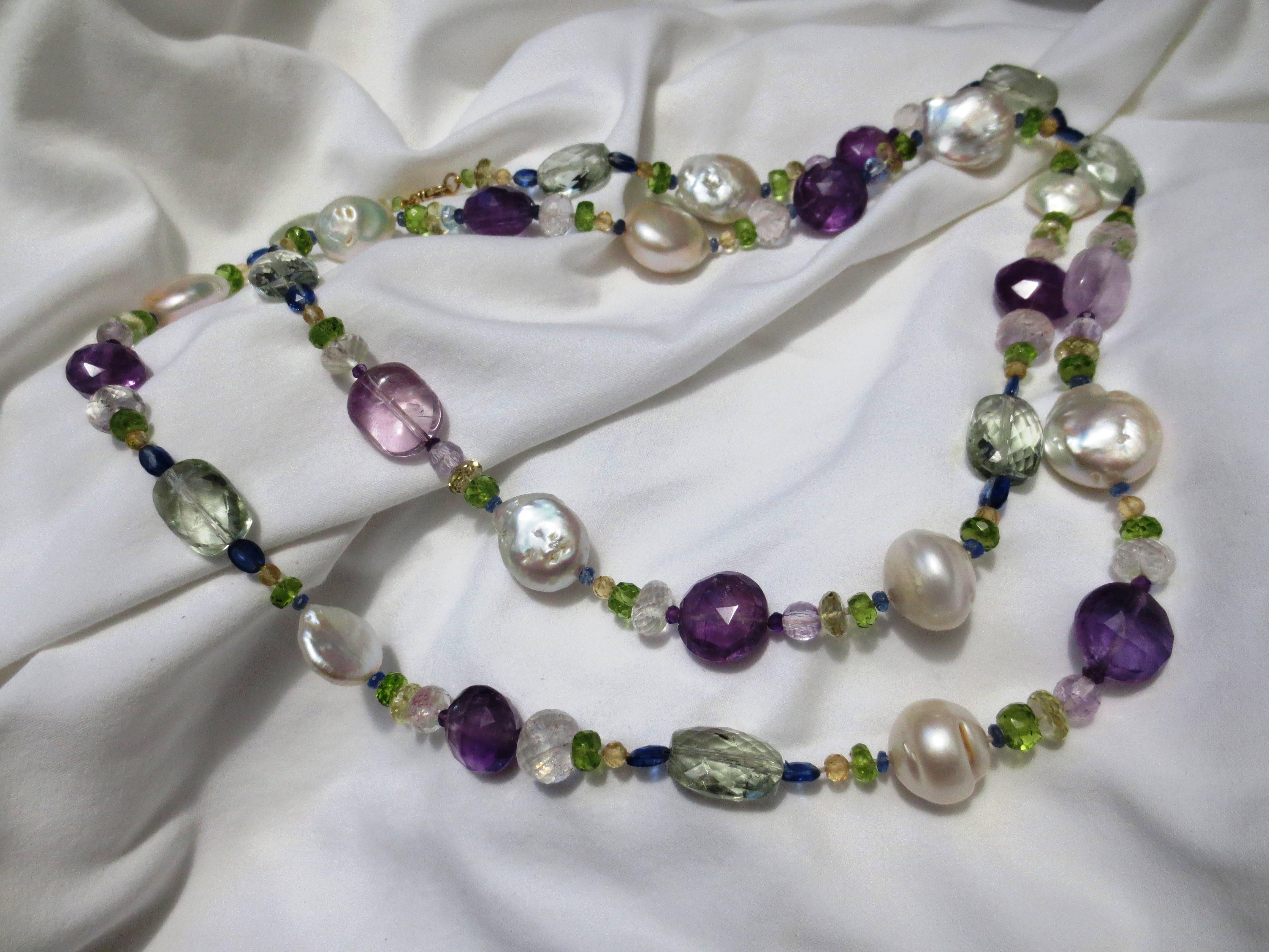 Pearl and Semiprecious Gemstones Long Lariat Necklace with Gold Clasp 1