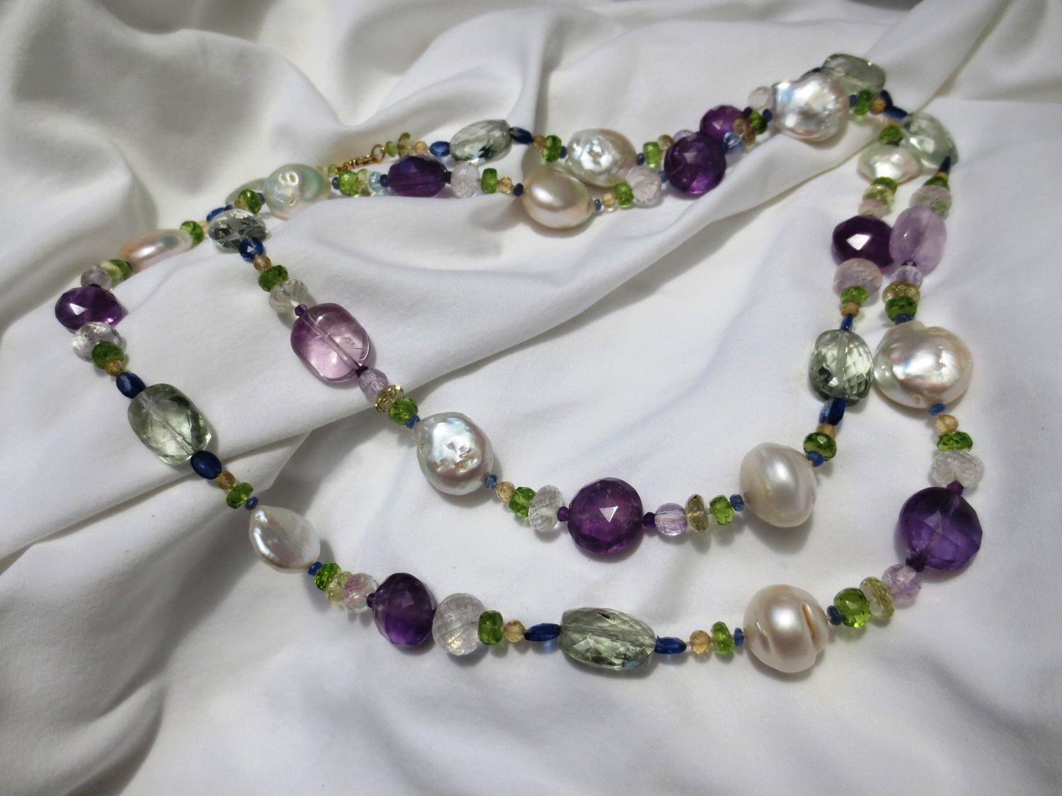 Pearl and Semiprecious Gemstones Long Lariat Necklace with Gold Clasp