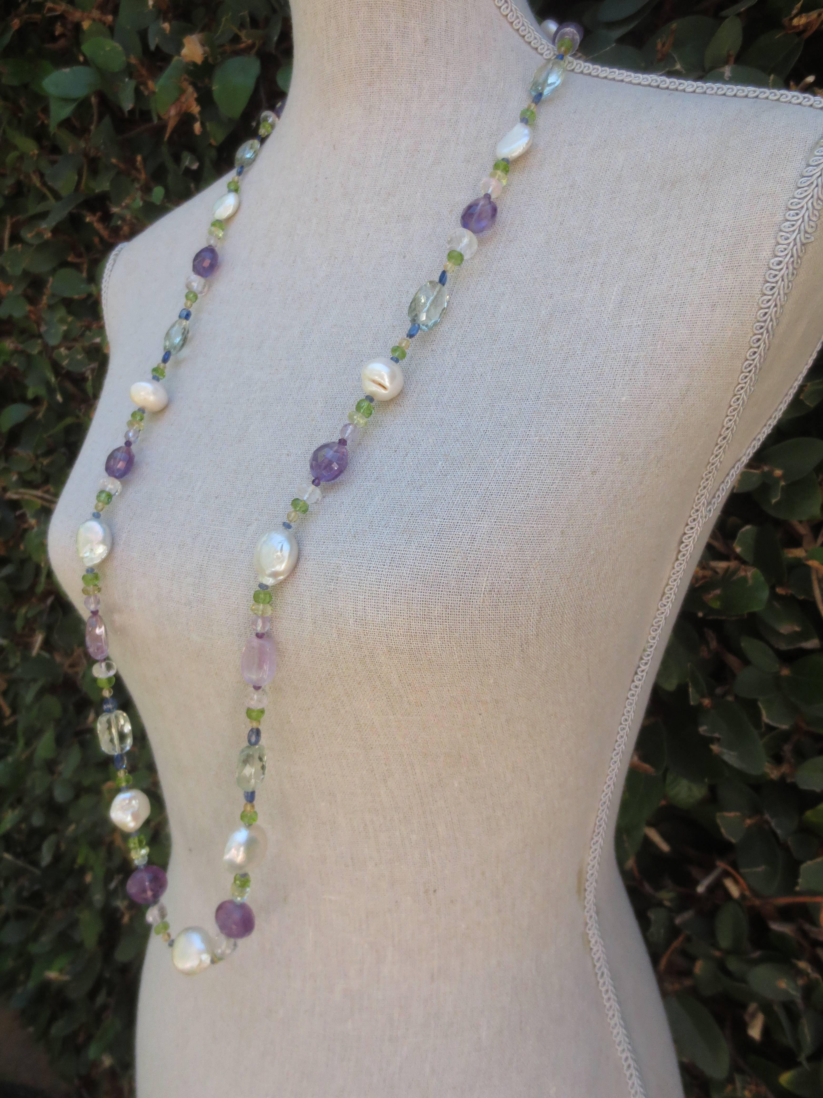 Artist Pearl and Semiprecious Gemstones Long Lariat Necklace with Gold Clasp