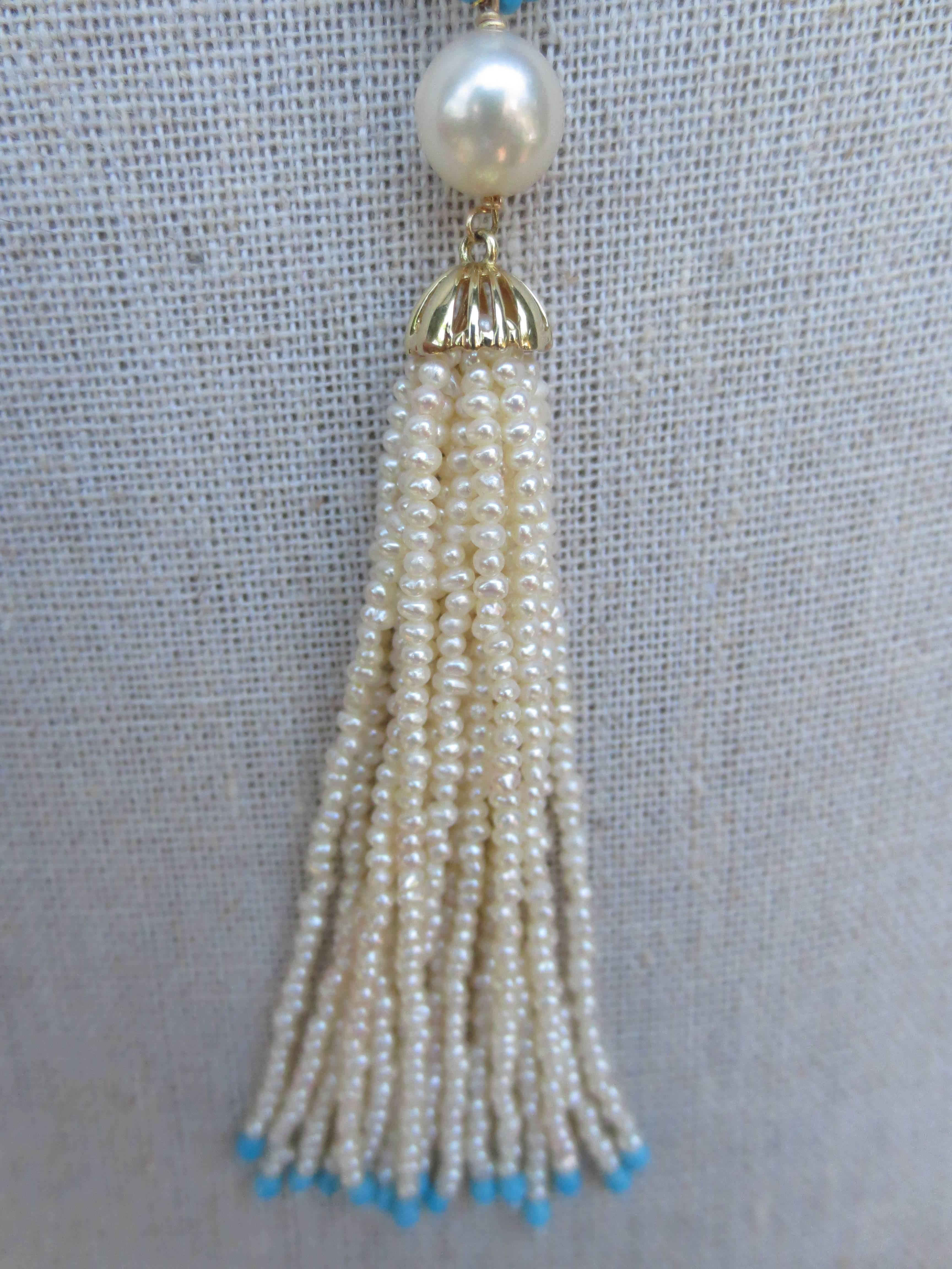  Marina J Woven Pearl & Turquoise Bead Long Sautoir with Pearl and Gold Tassels  In New Condition For Sale In Los Angeles, CA