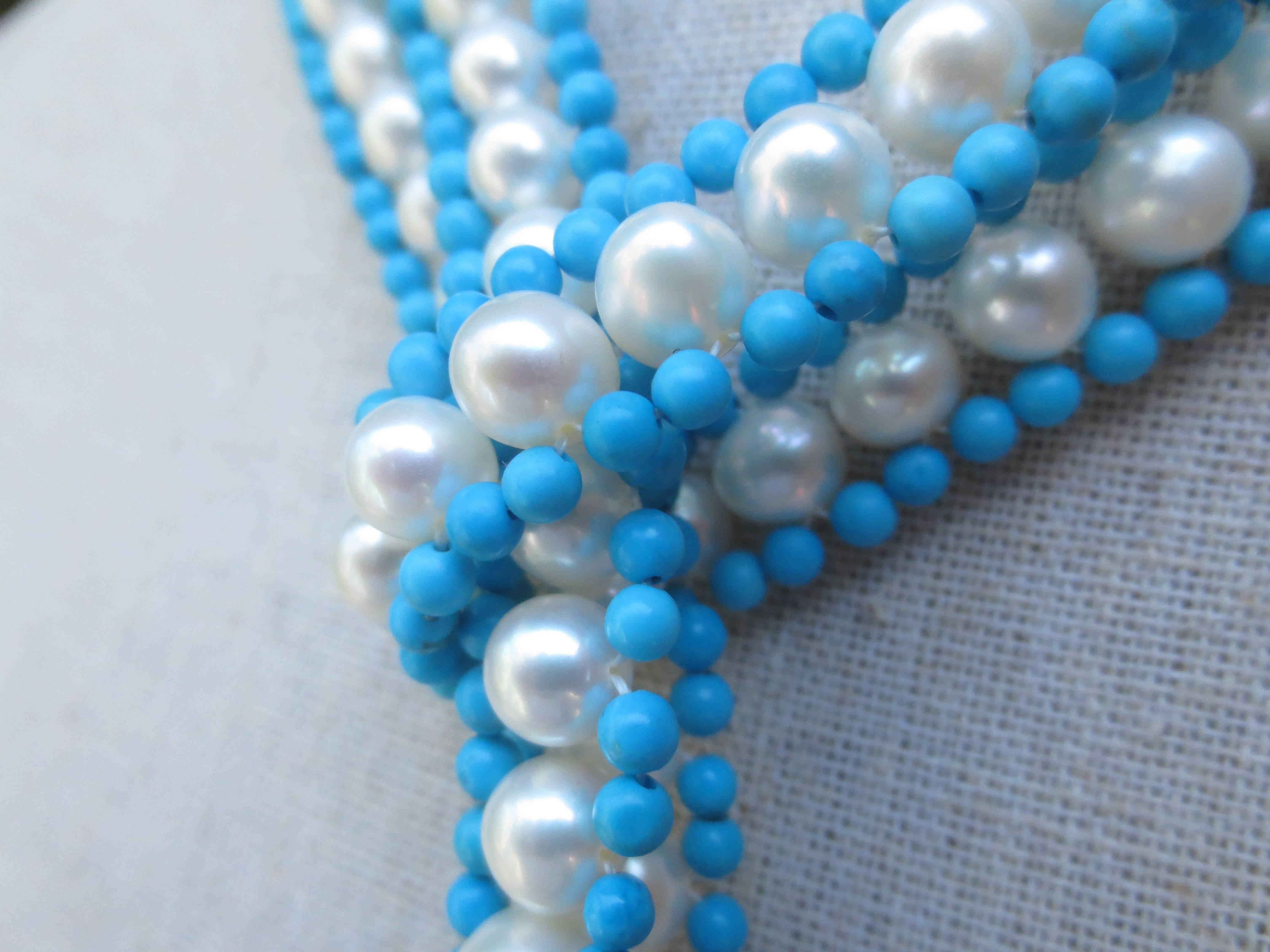 Women's  Marina J Woven Pearl & Turquoise Bead Long Sautoir with Pearl and Gold Tassels  For Sale