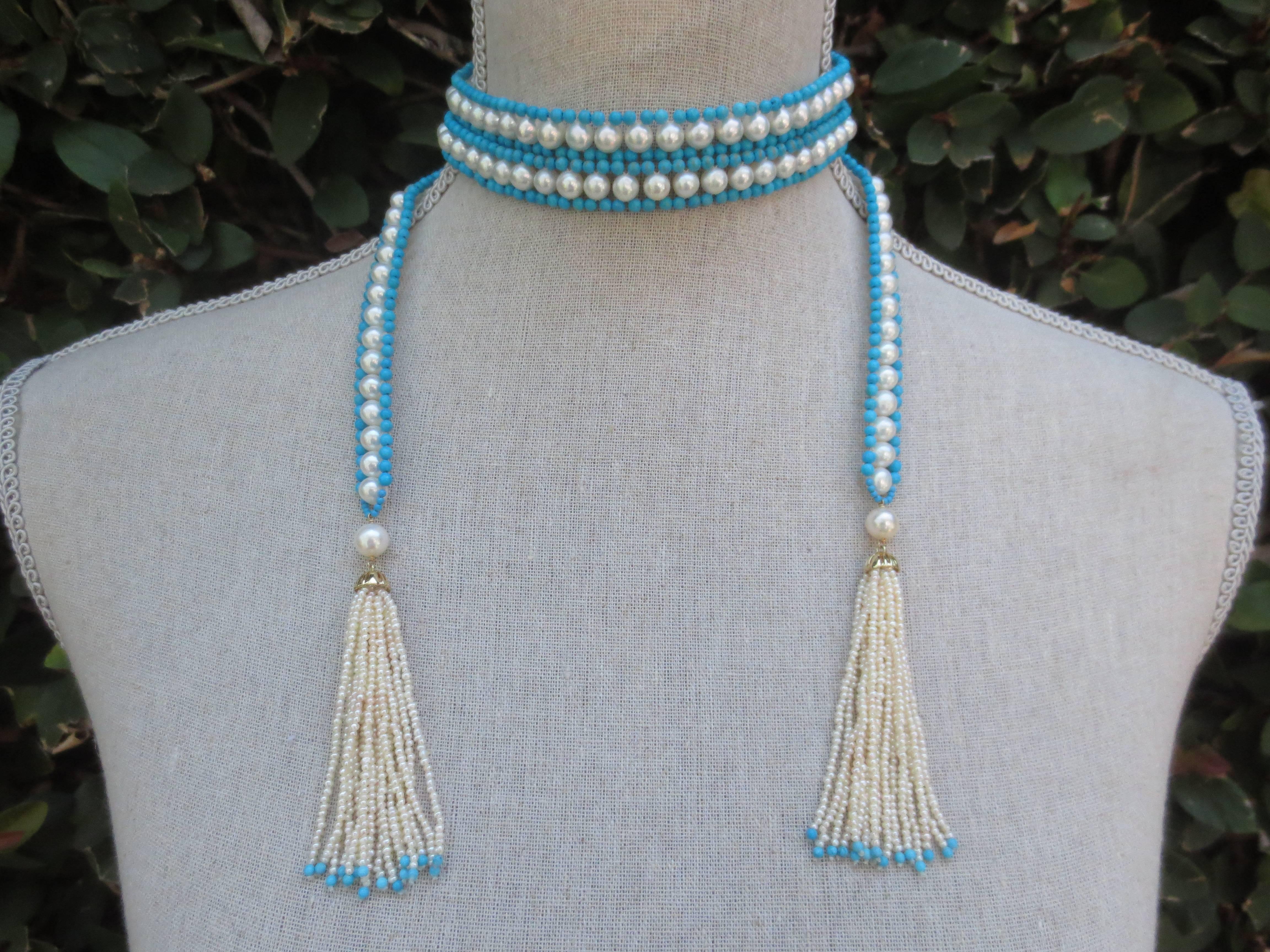 Artist  Marina J Woven Pearl & Turquoise Bead Long Sautoir with Pearl and Gold Tassels  For Sale