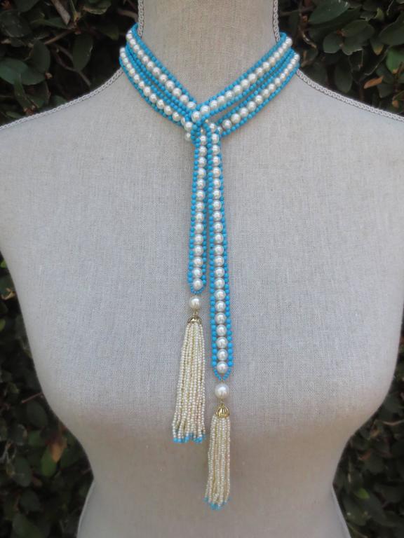 Marina J Woven Pearl and Turquoise Bead Long Sautoir with Pearl and