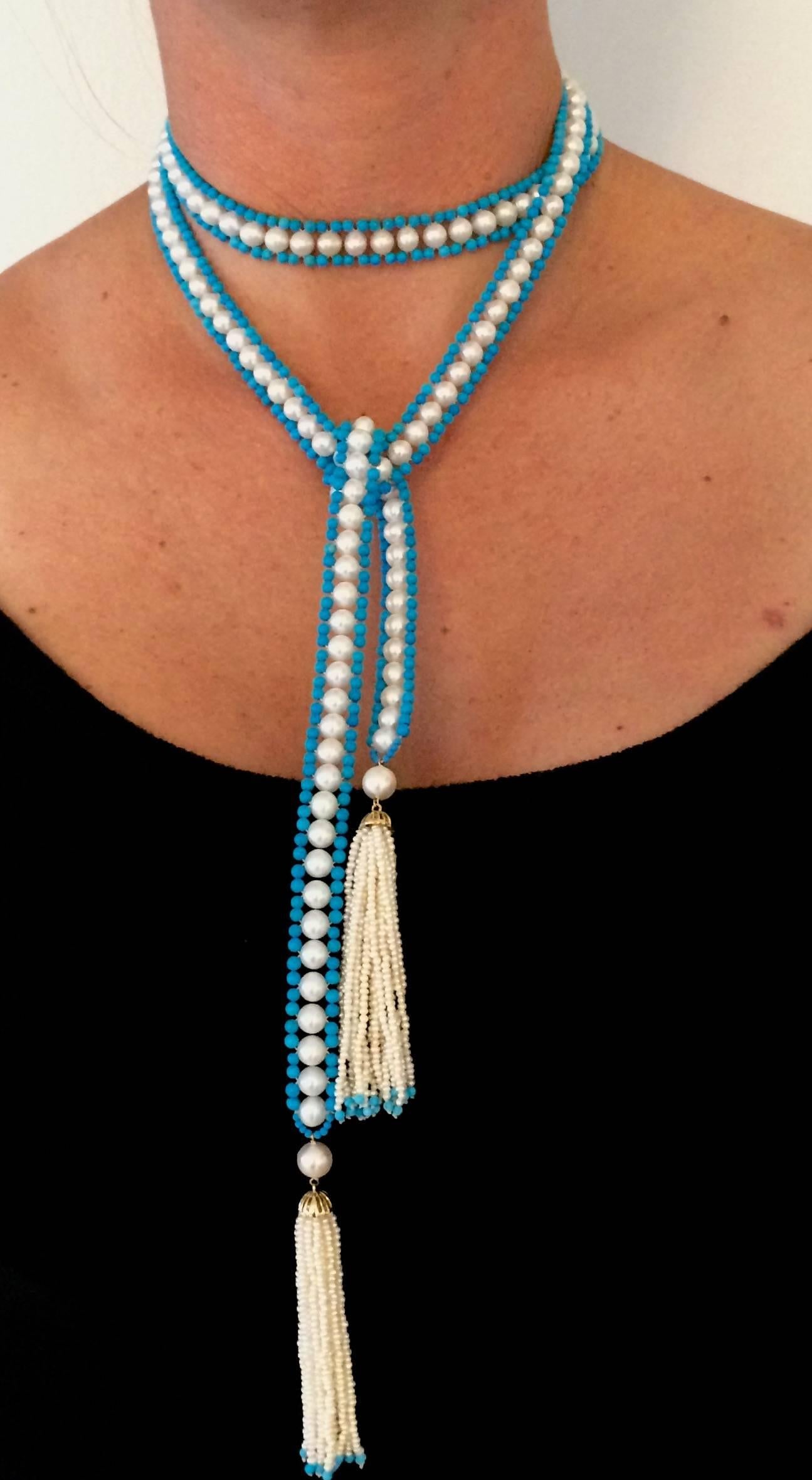  Marina J Woven Pearl & Turquoise Bead Long Sautoir with Pearl and Gold Tassels  For Sale 1