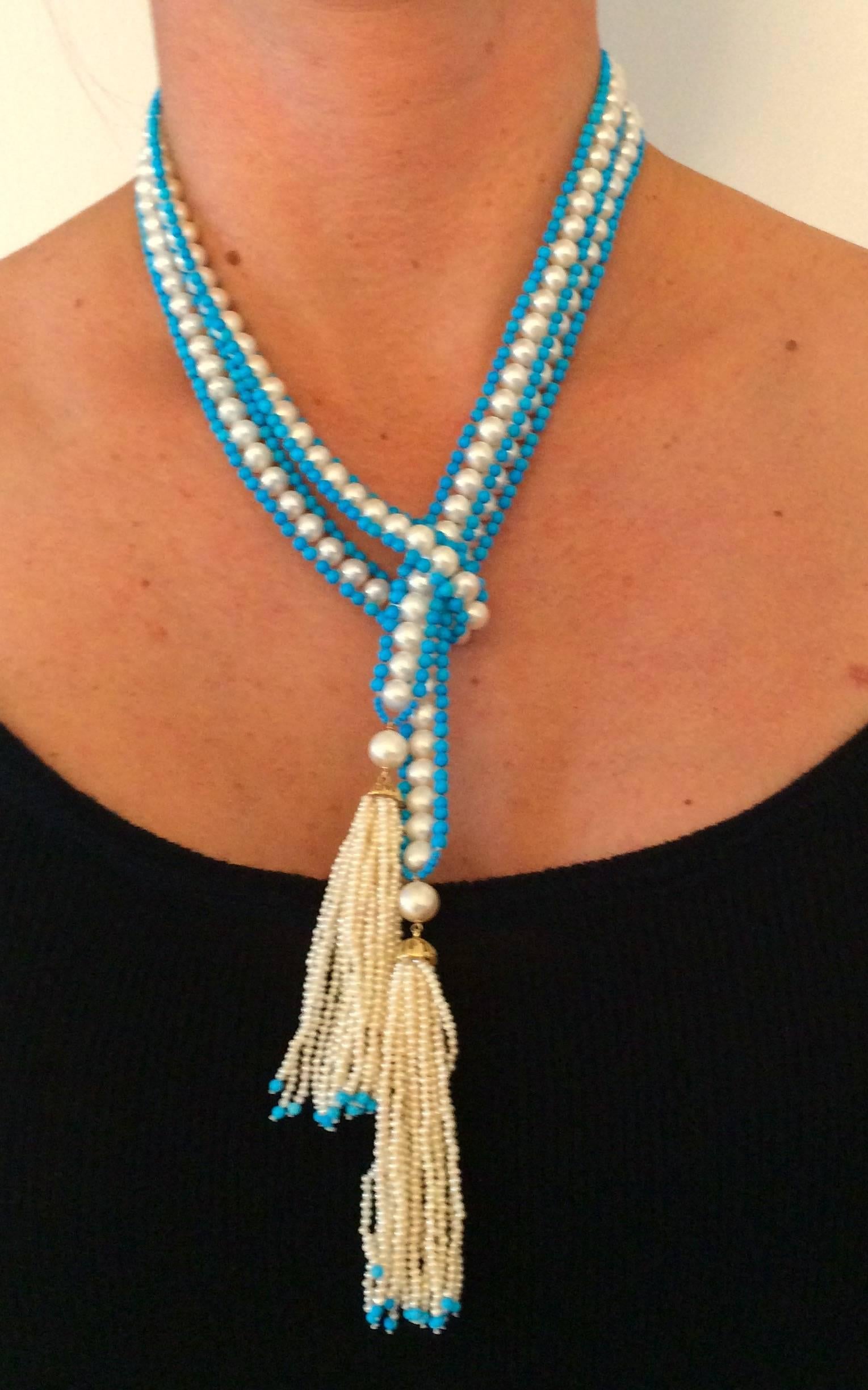  Marina J Woven Pearl & Turquoise Bead Long Sautoir with Pearl and Gold Tassels  For Sale 2