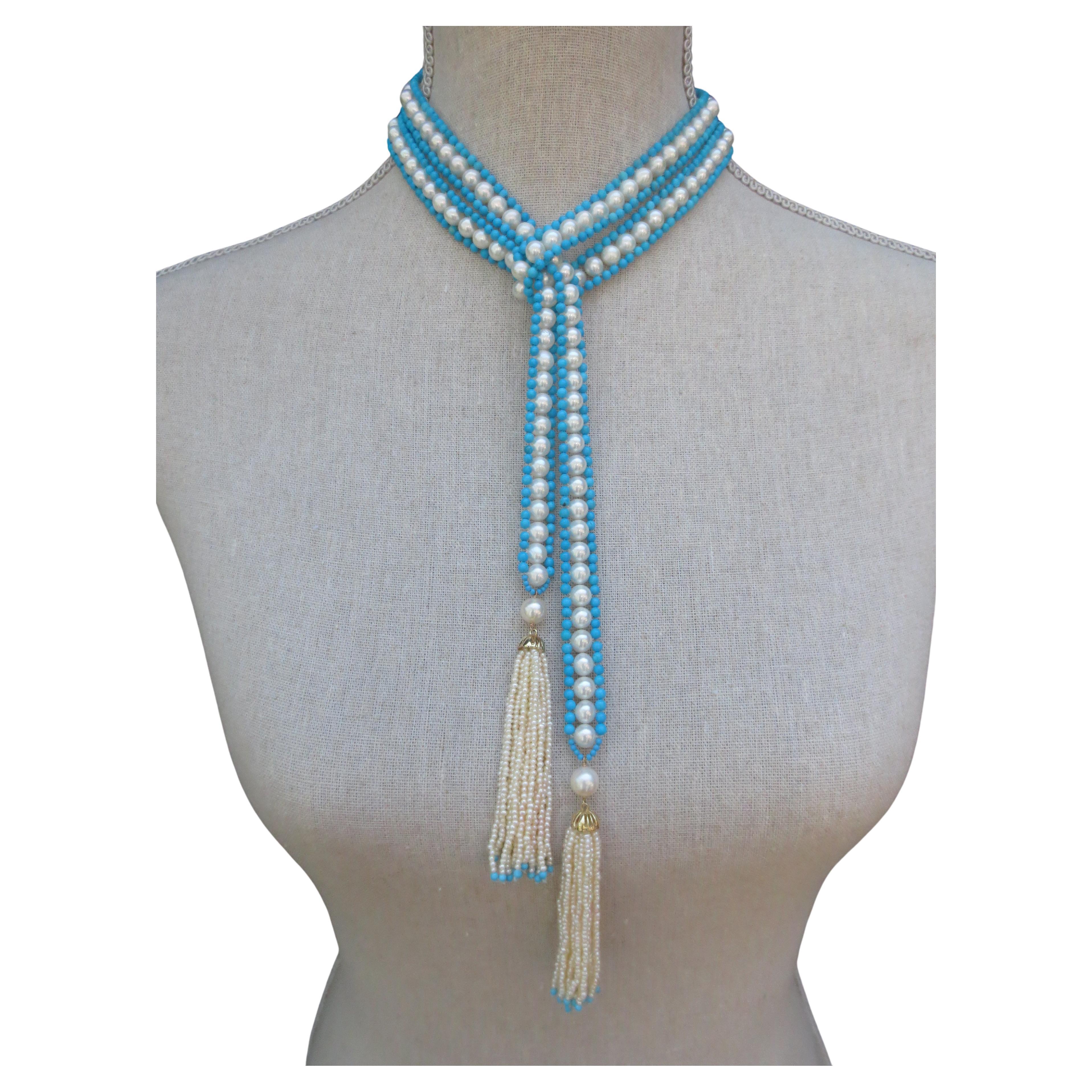  Marina J Woven Pearl & Turquoise Bead Long Sautoir with Pearl and Gold Tassels  For Sale