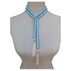  Marina J Woven Pearl & Turquoise Bead Long Sautoir with Pearl and Gold Tassels 