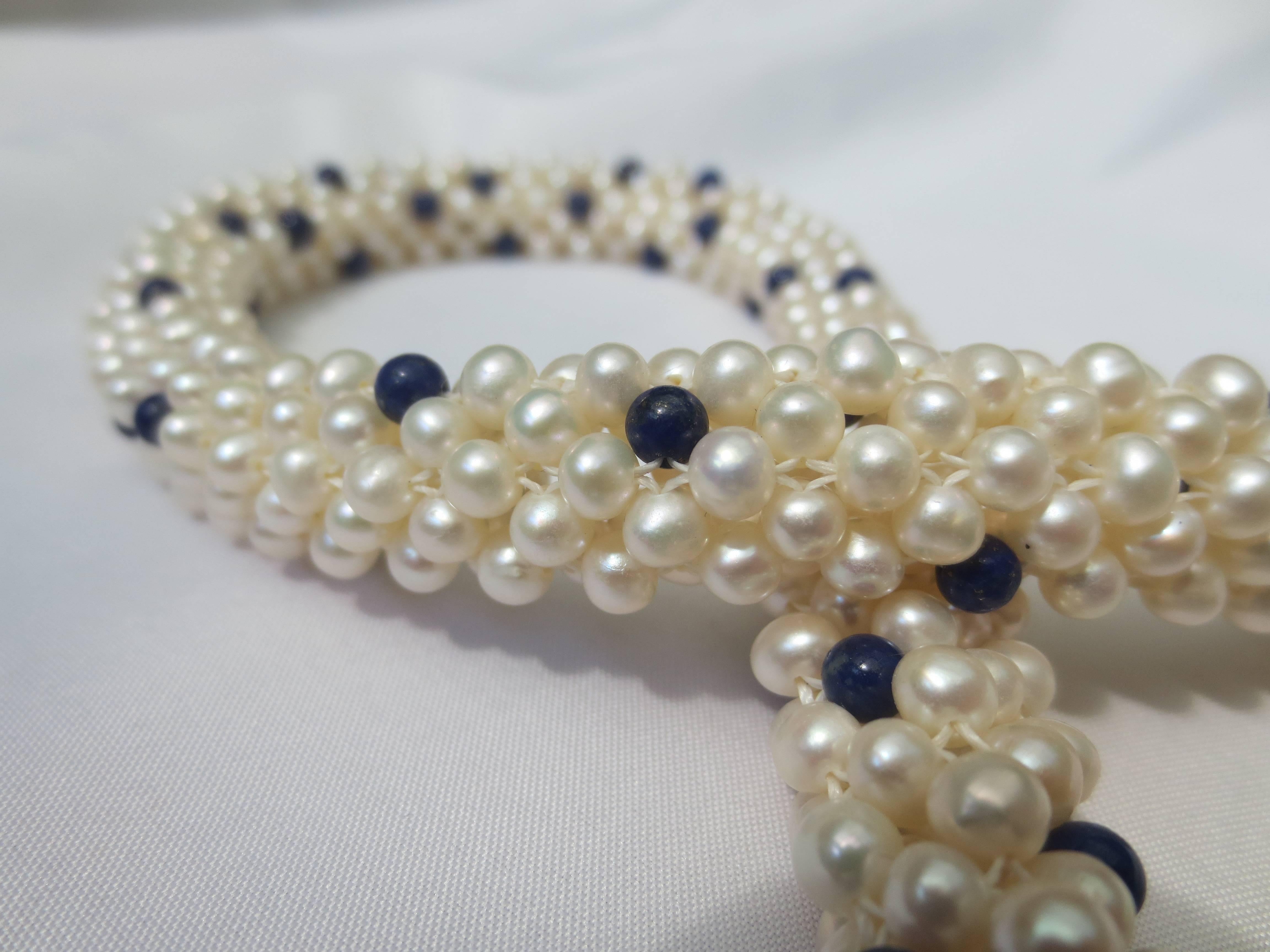 Lapis Lazuli and White Pearl Woven Rope Necklace with 14 k Yellow Gold Clasp 1