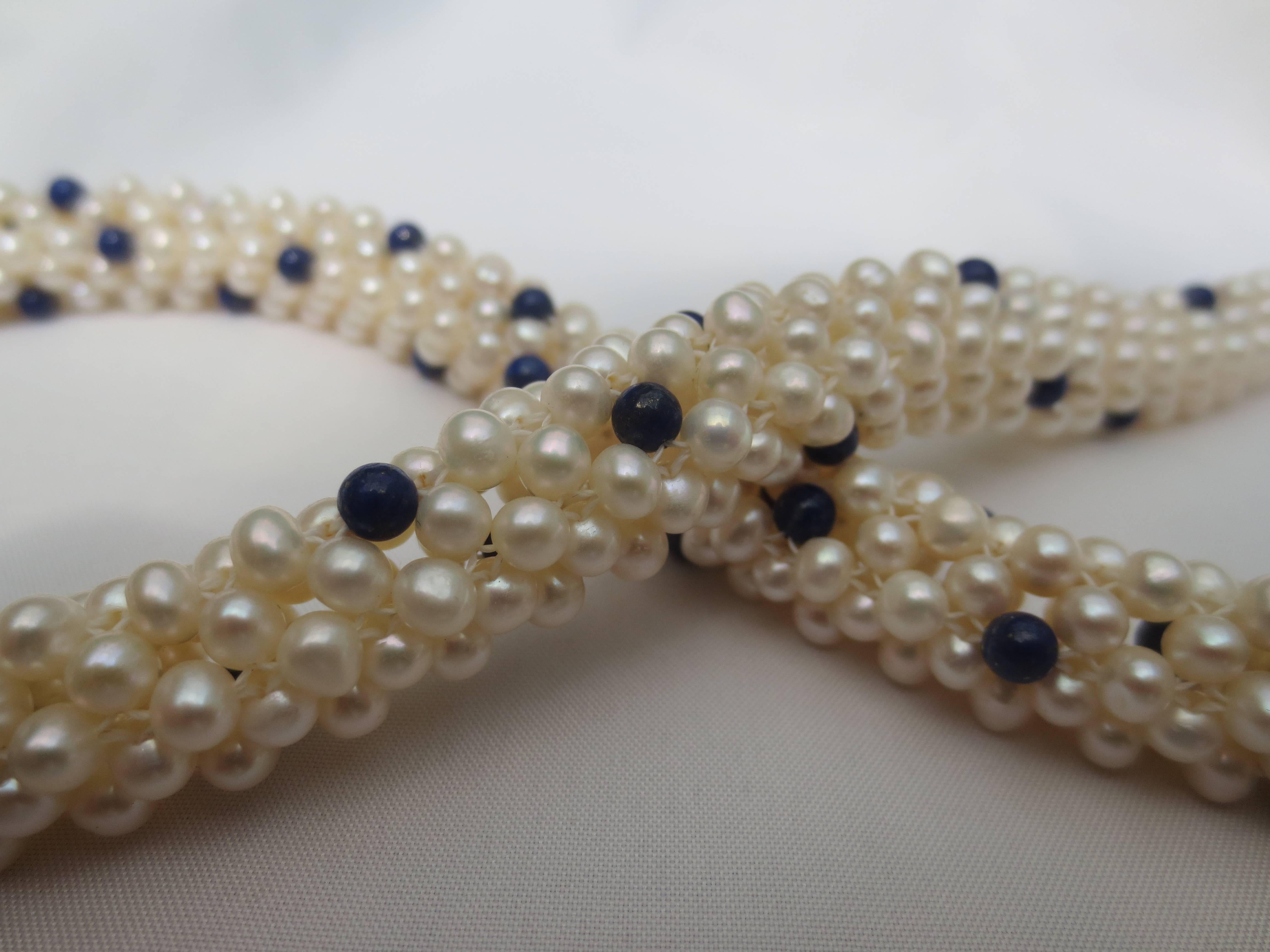 Lapis Lazuli and White Pearl Woven Rope Necklace with 14 k Yellow Gold Clasp 4