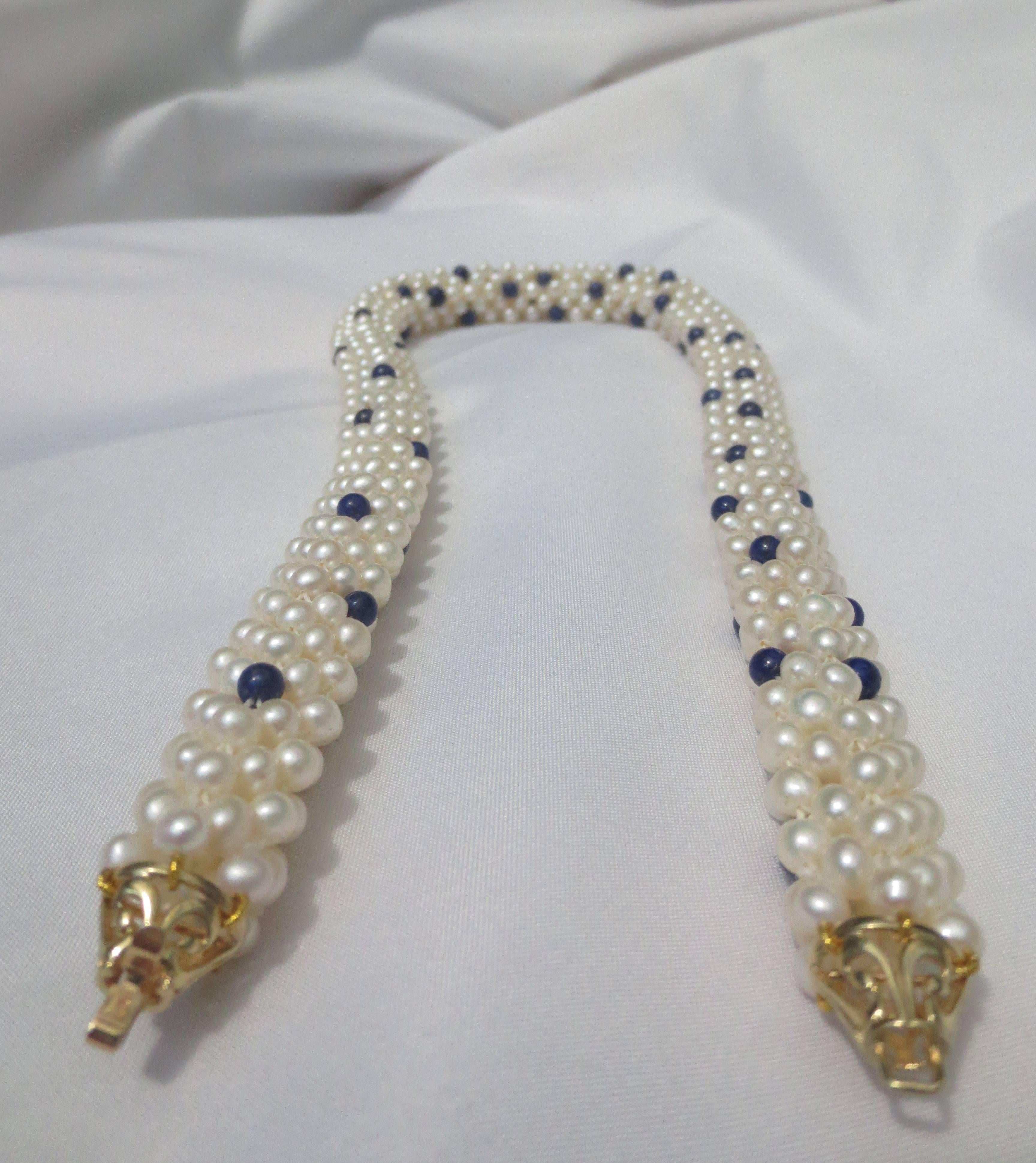 Women's Lapis Lazuli and White Pearl Woven Rope Necklace with 14 k Yellow Gold Clasp