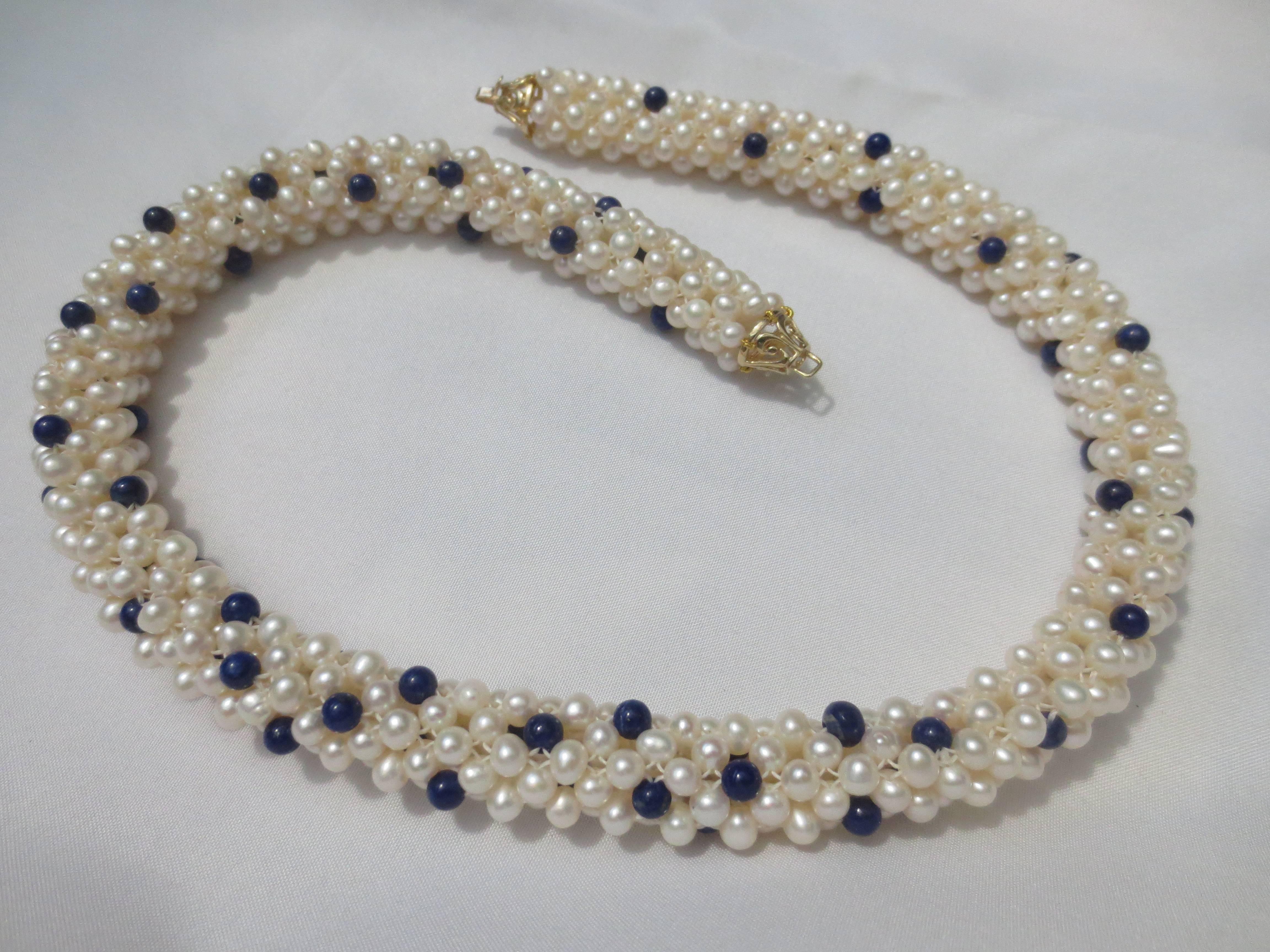 Lapis Lazuli and White Pearl Woven Rope Necklace with 14 k Yellow Gold Clasp 2