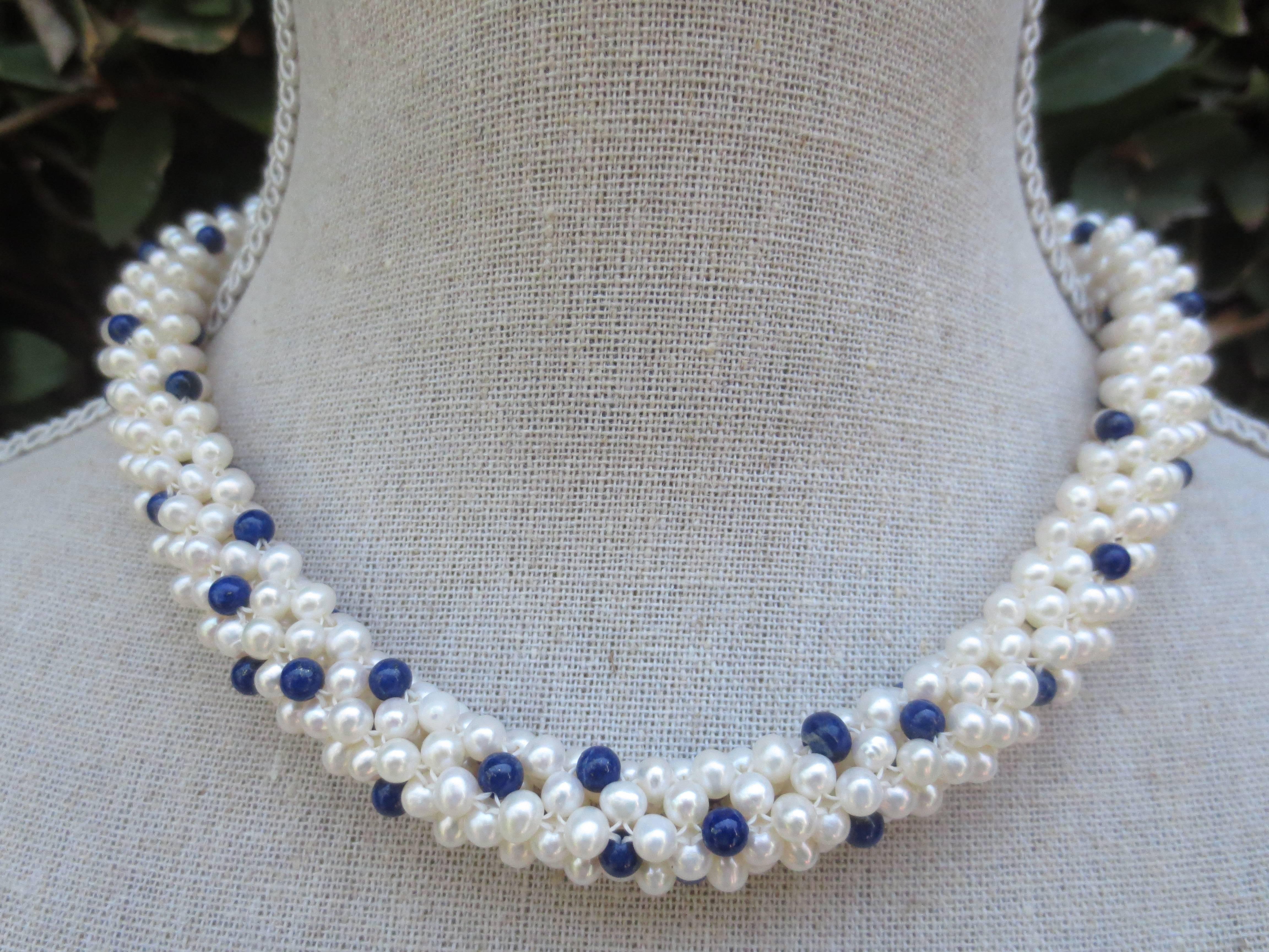 Lapis Lazuli and White Pearl Woven Rope Necklace with 14 k Yellow Gold Clasp In New Condition In Los Angeles, CA